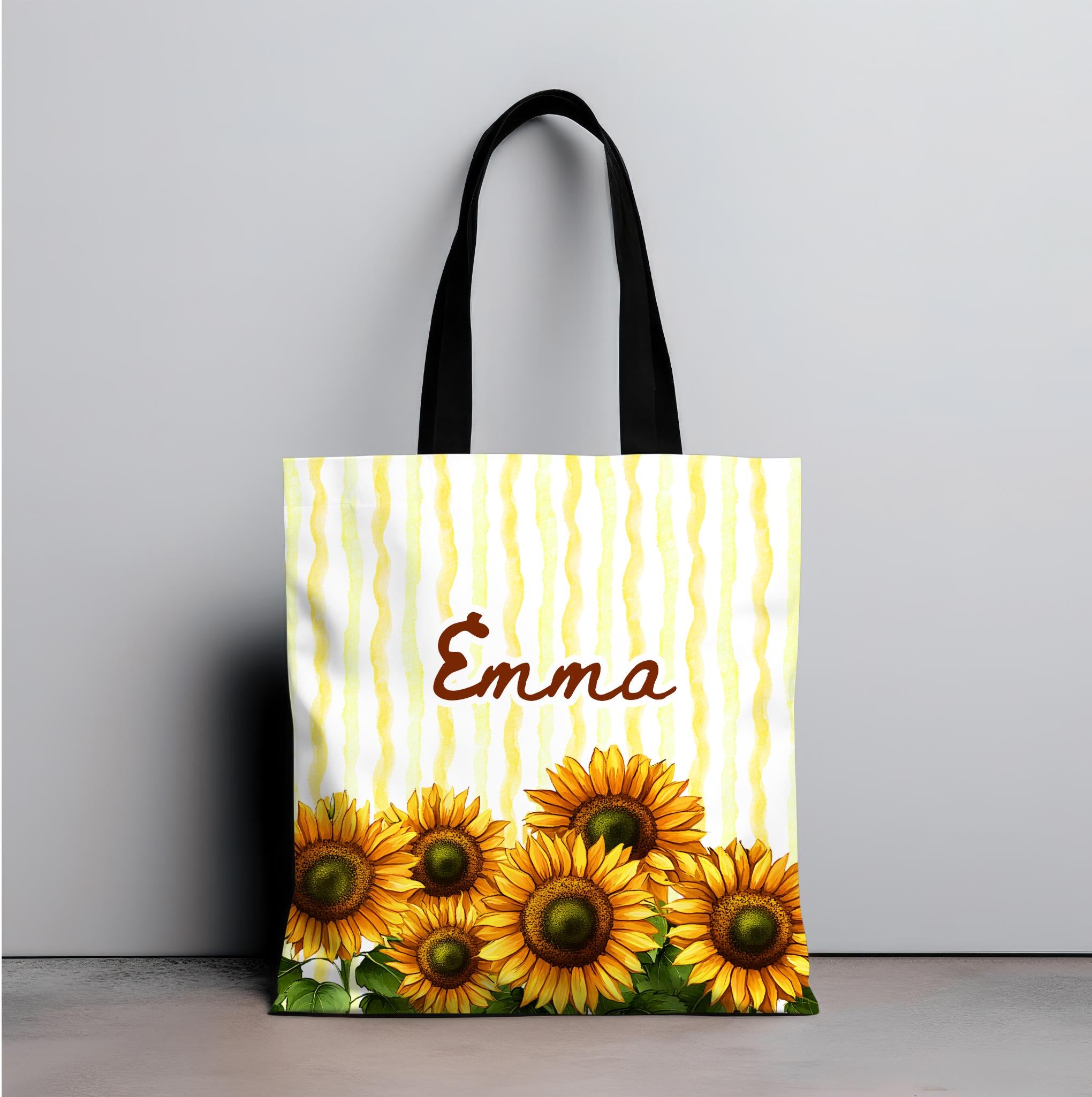 Personalized Sunflower Tote Bag with Custom Name, Yellow Floral Tote
