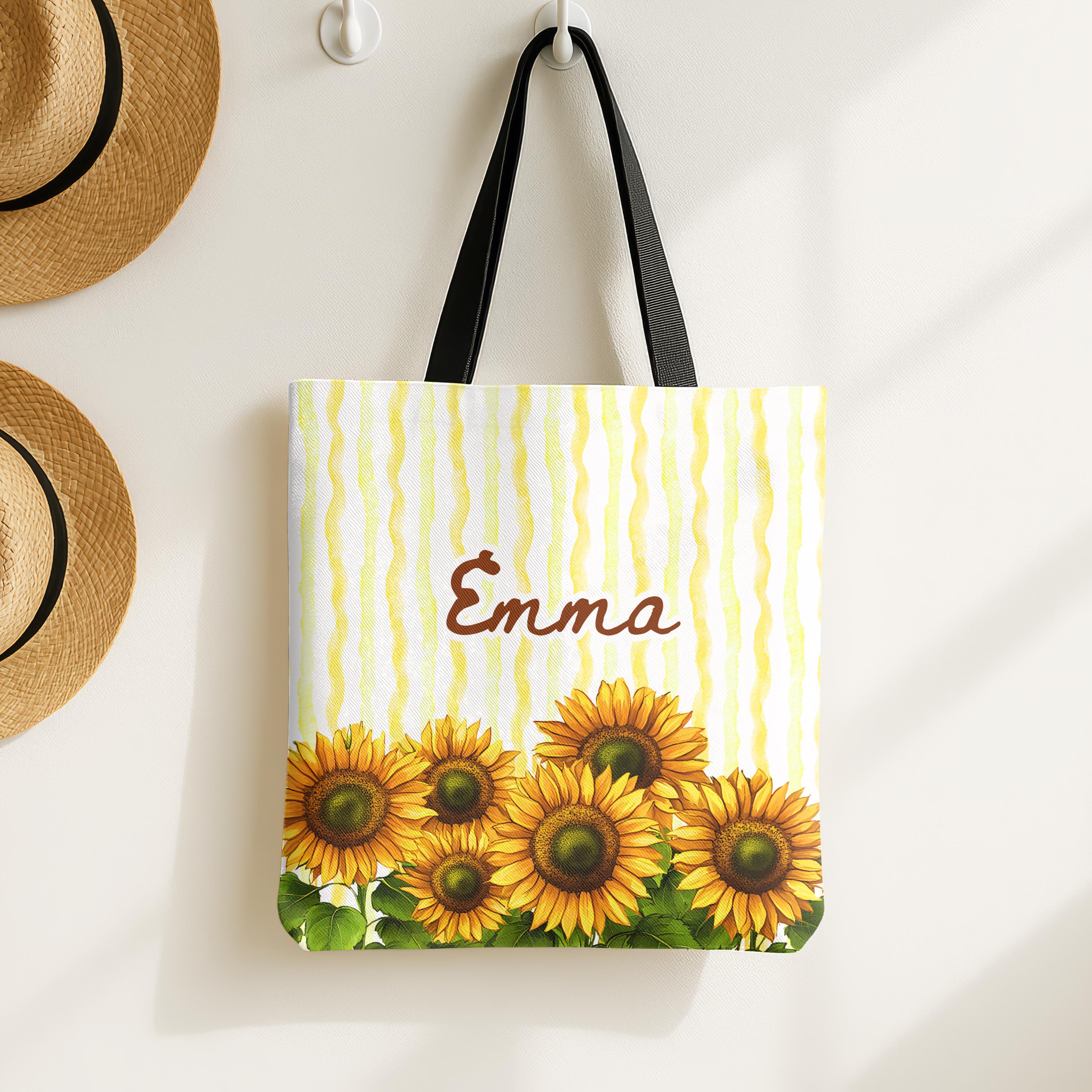 Personalized Sunflower Tote Bag with Custom Name, Yellow Floral Tote