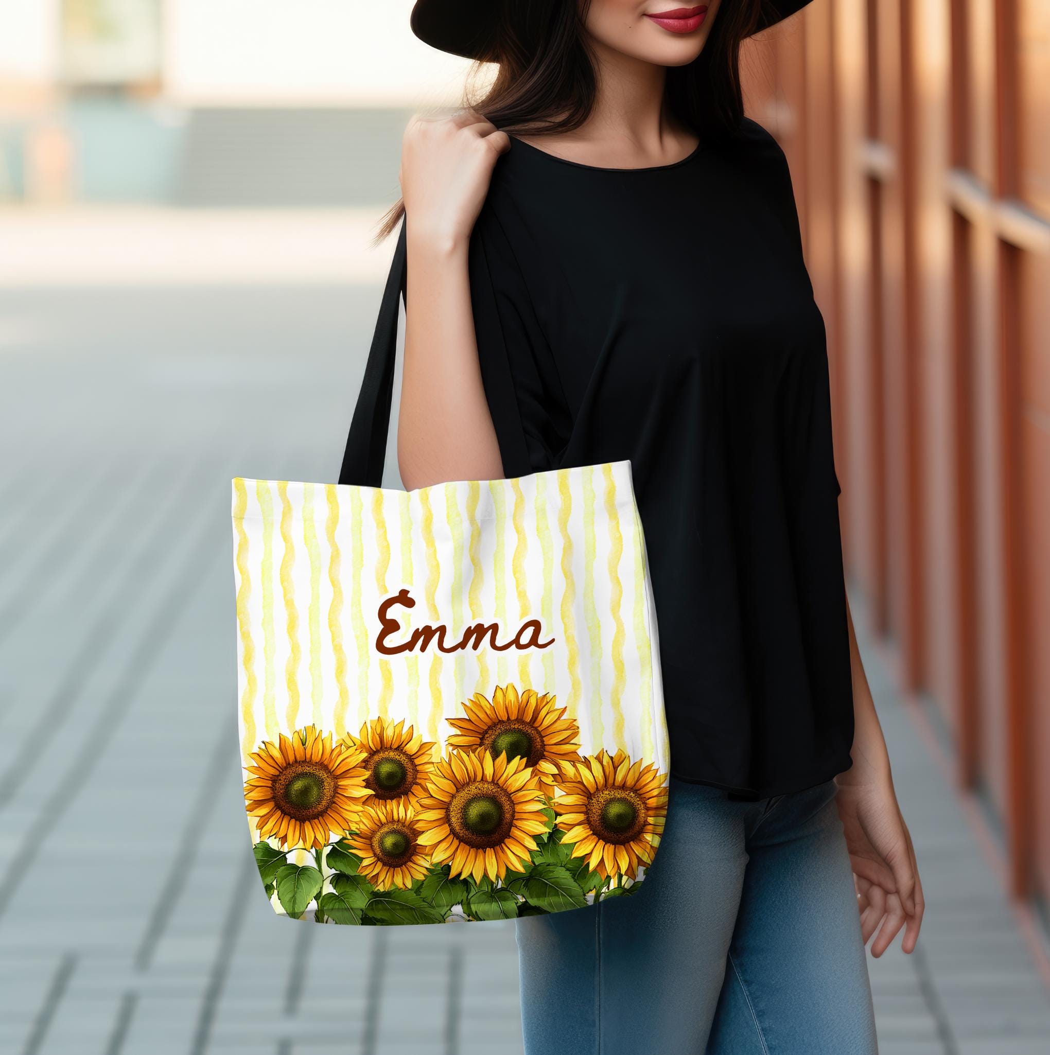 Personalized Sunflower Tote Bag with Custom Name, Yellow Floral Tote