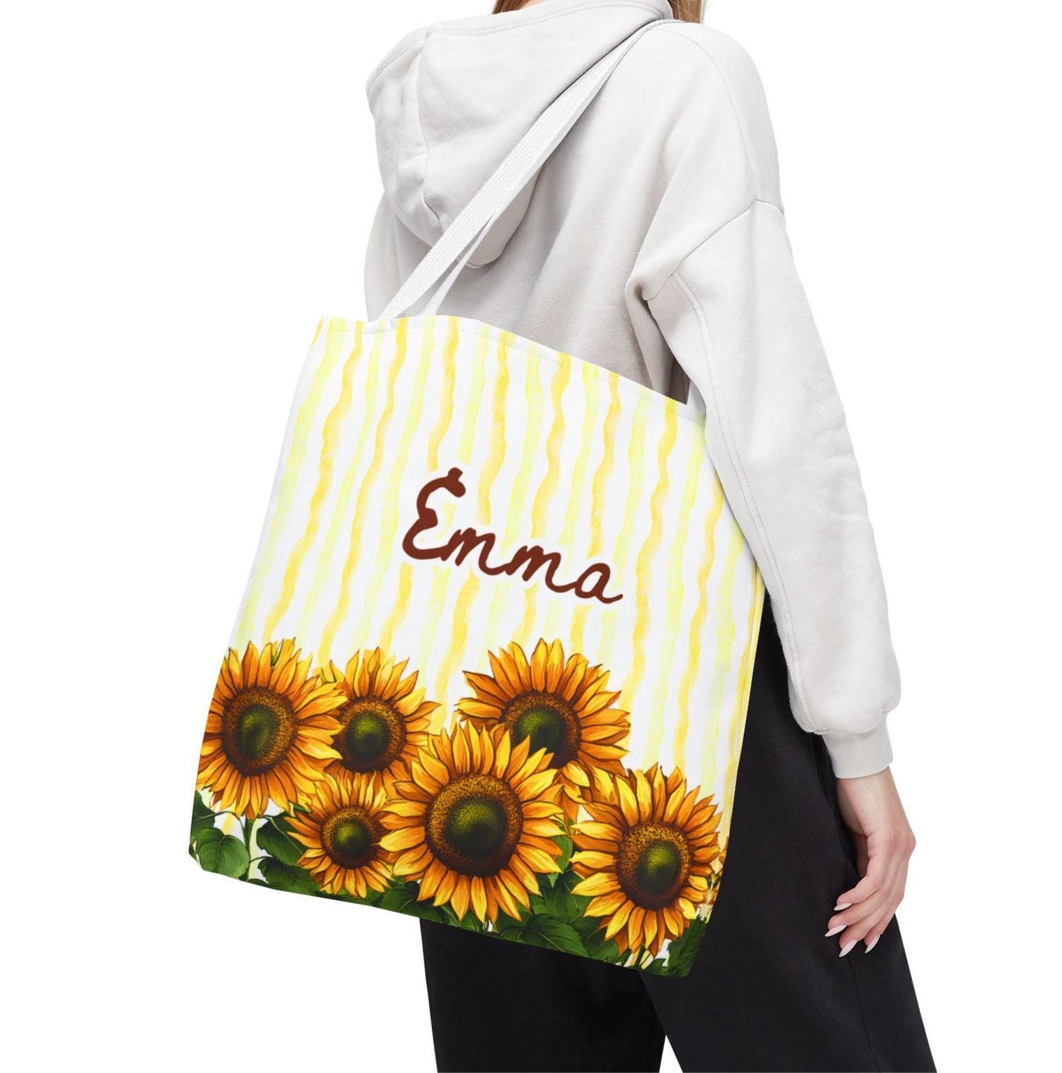 Personalized Sunflower Tote Bag with Custom Name, Yellow Floral Tote