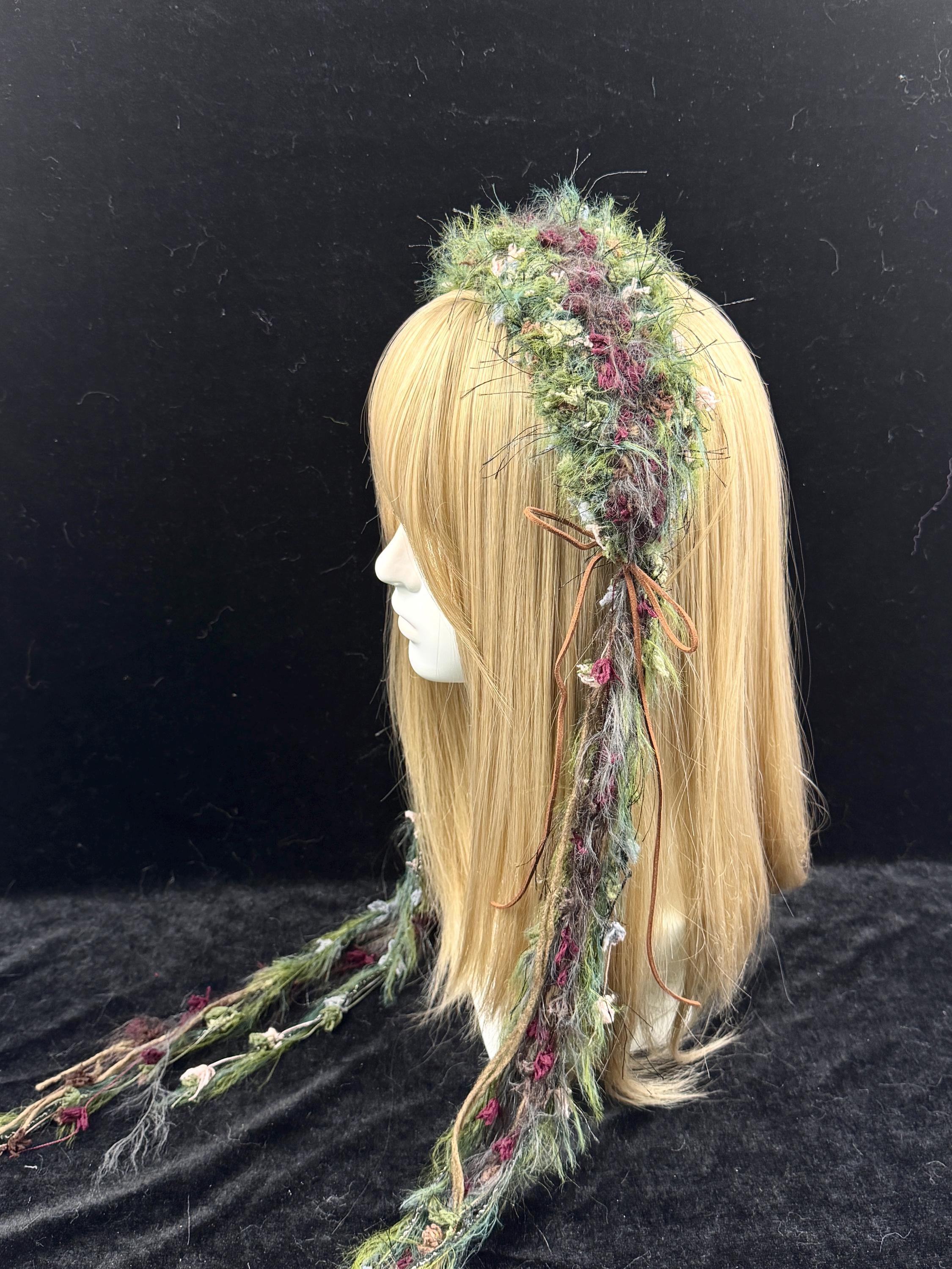 Handmade Forest Headband: Fluffy Floral Yarn, Boho Fairycore Accessory