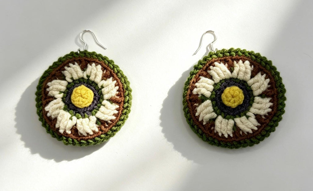 CrochetRecipe Handmade Crochet Dangle Statement Earrings Colorful Flower Star Evil Eye