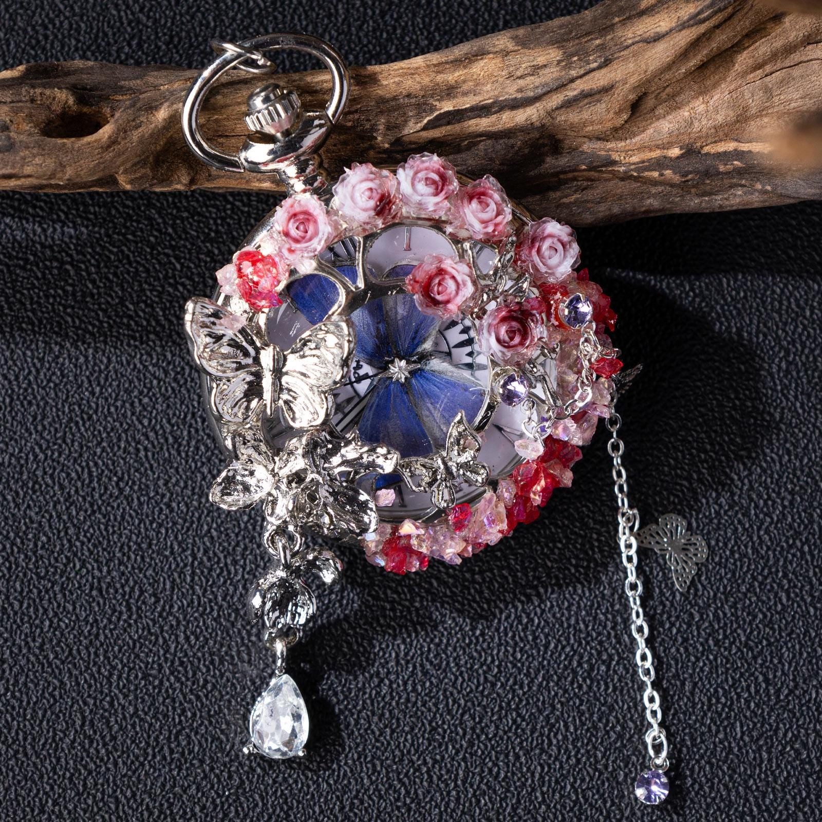 Oryeia Handmade Pocket Watch Real Butterfly Specimen Pink Rose