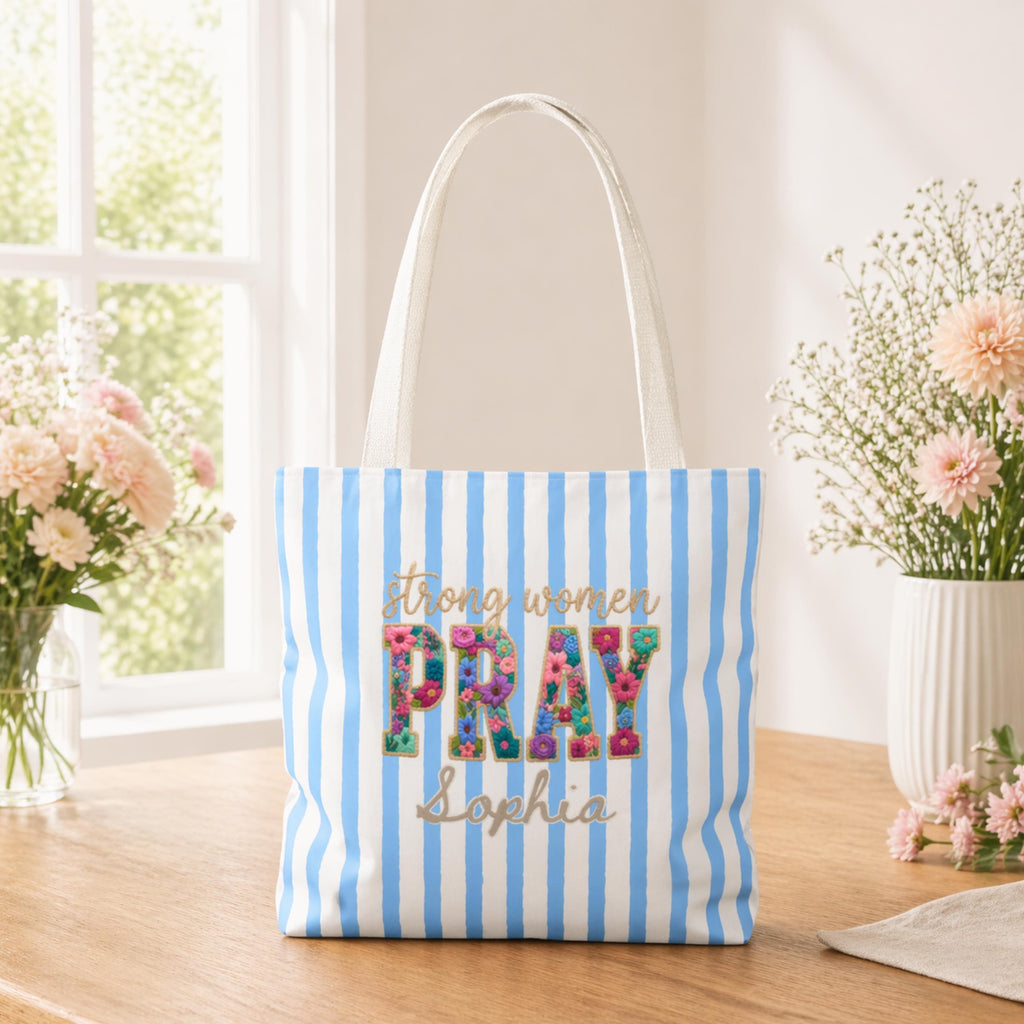Personalized Christian Tote Bag Strong Women Pray, Floral Faith Gift for Women, Custom Name