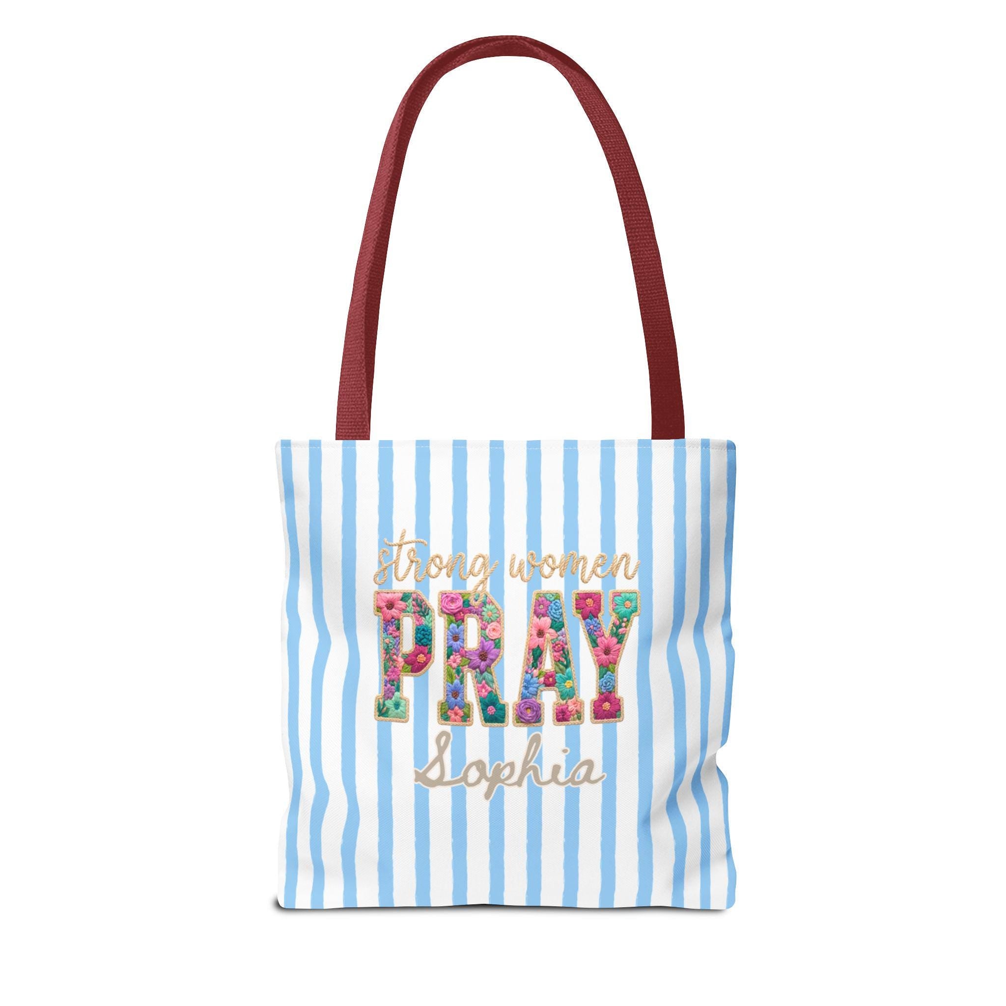 Personalized Christian Tote Bag Strong Women Pray, Floral Faith Gift for Women, Custom Name