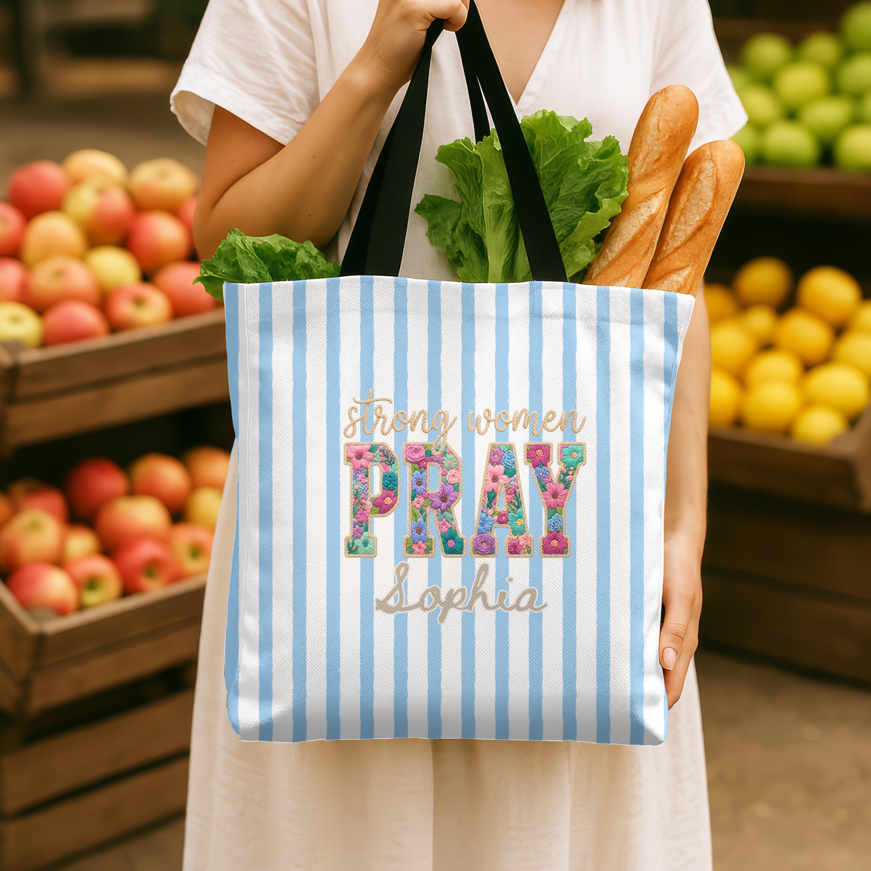 Personalized Christian Tote Bag Strong Women Pray, Floral Faith Gift for Women, Custom Name