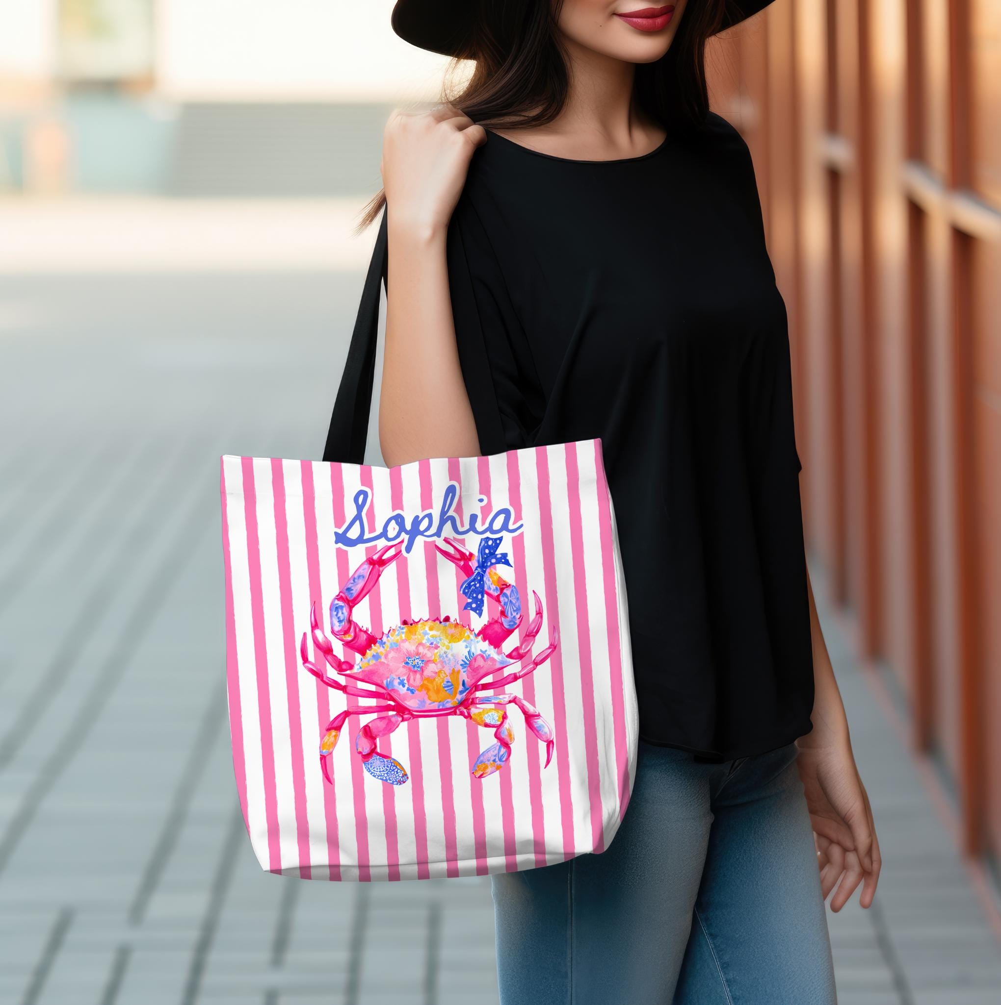 Personalized Preppy Crab Tote Bag Pink Striped Summer