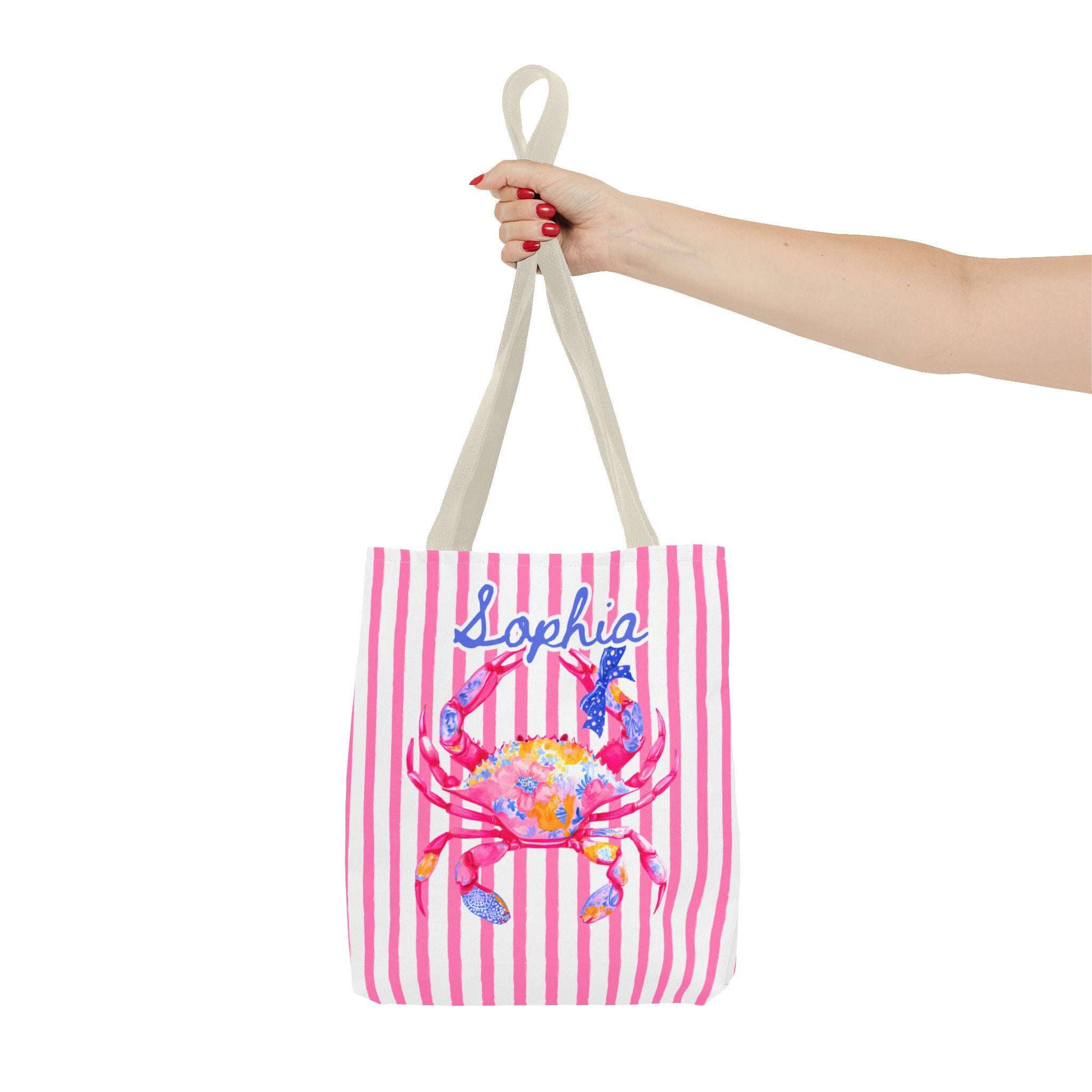Personalized Preppy Crab Tote Bag Pink Striped Summer