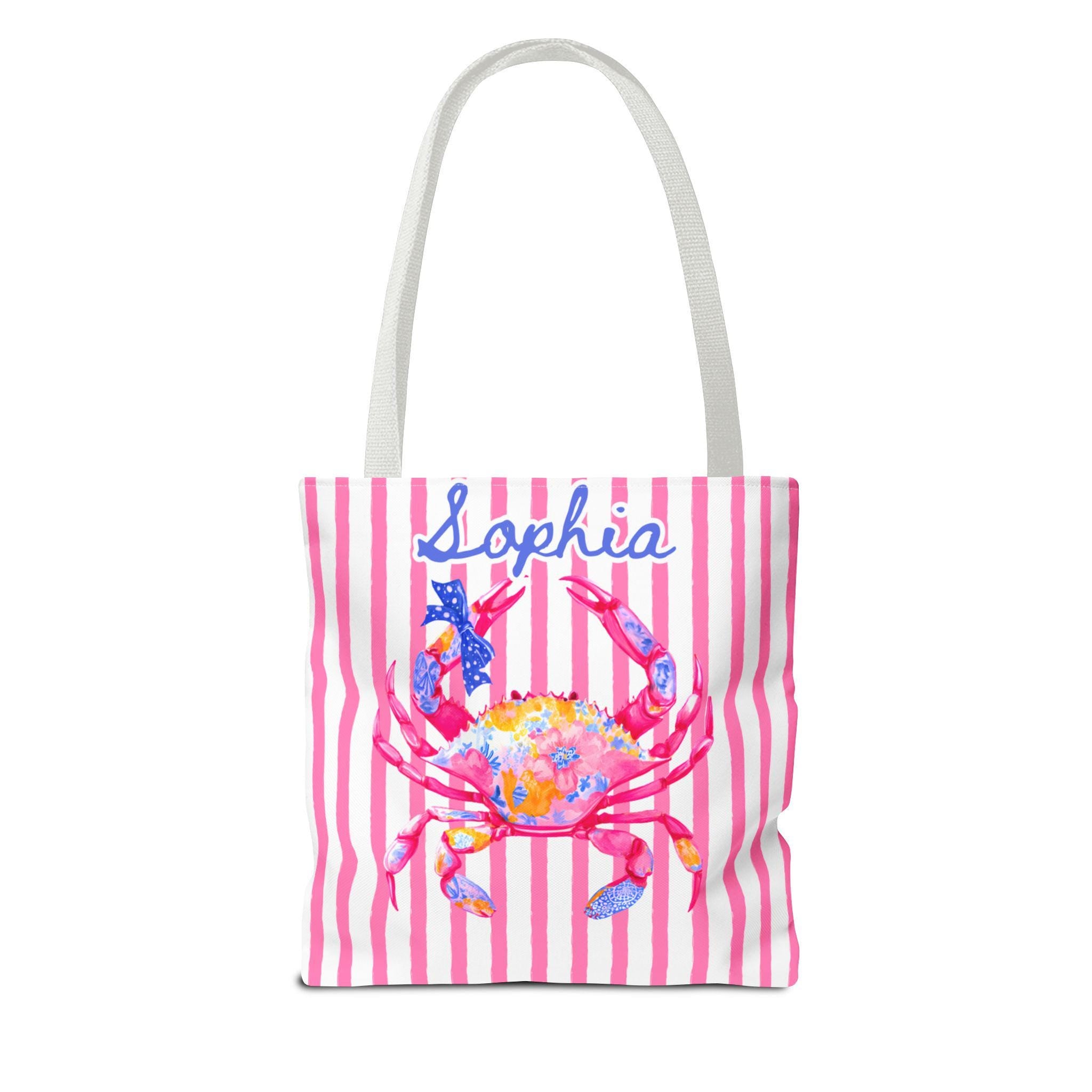 Personalized Preppy Crab Tote Bag Pink Striped Summer