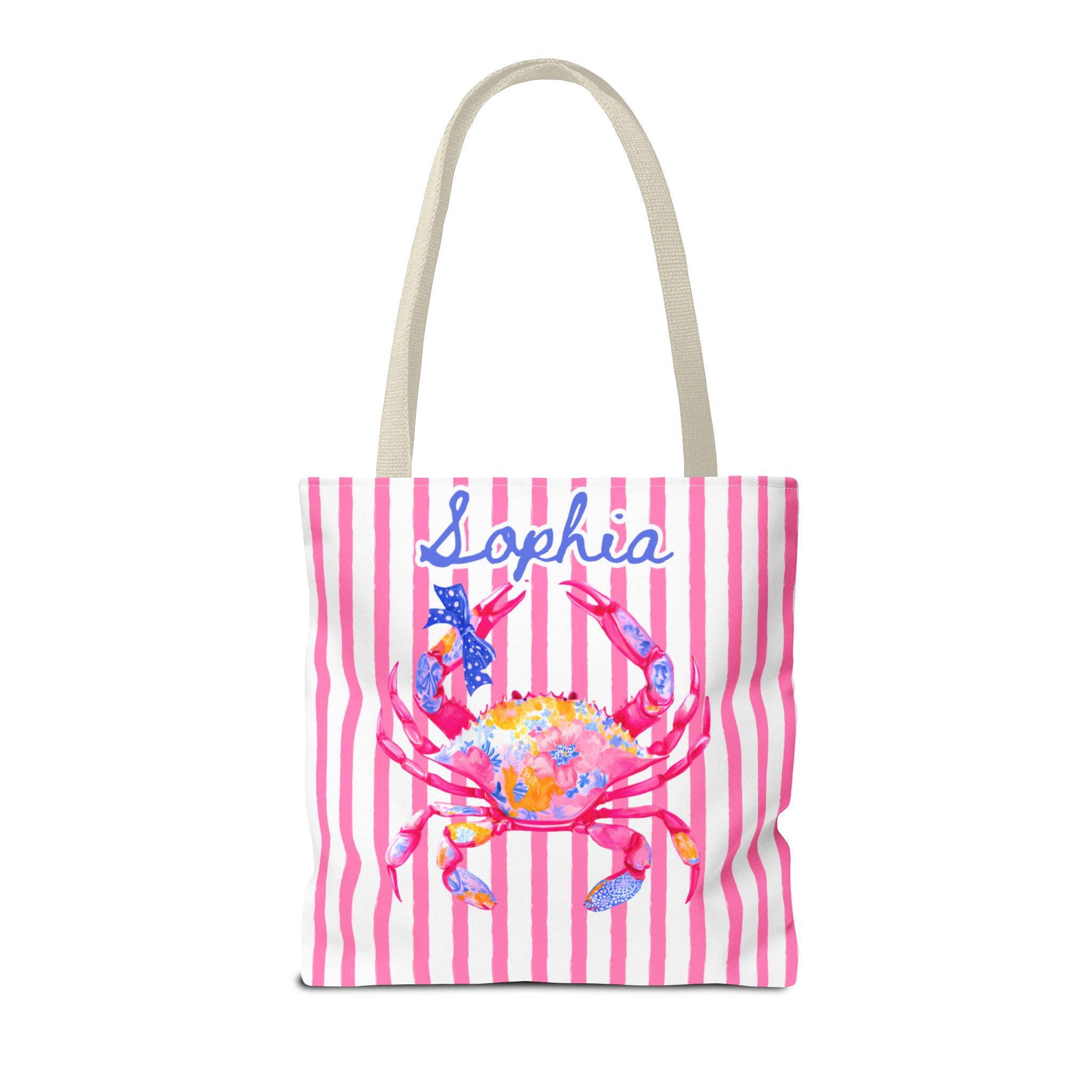 Personalized Preppy Crab Tote Bag Pink Striped Summer