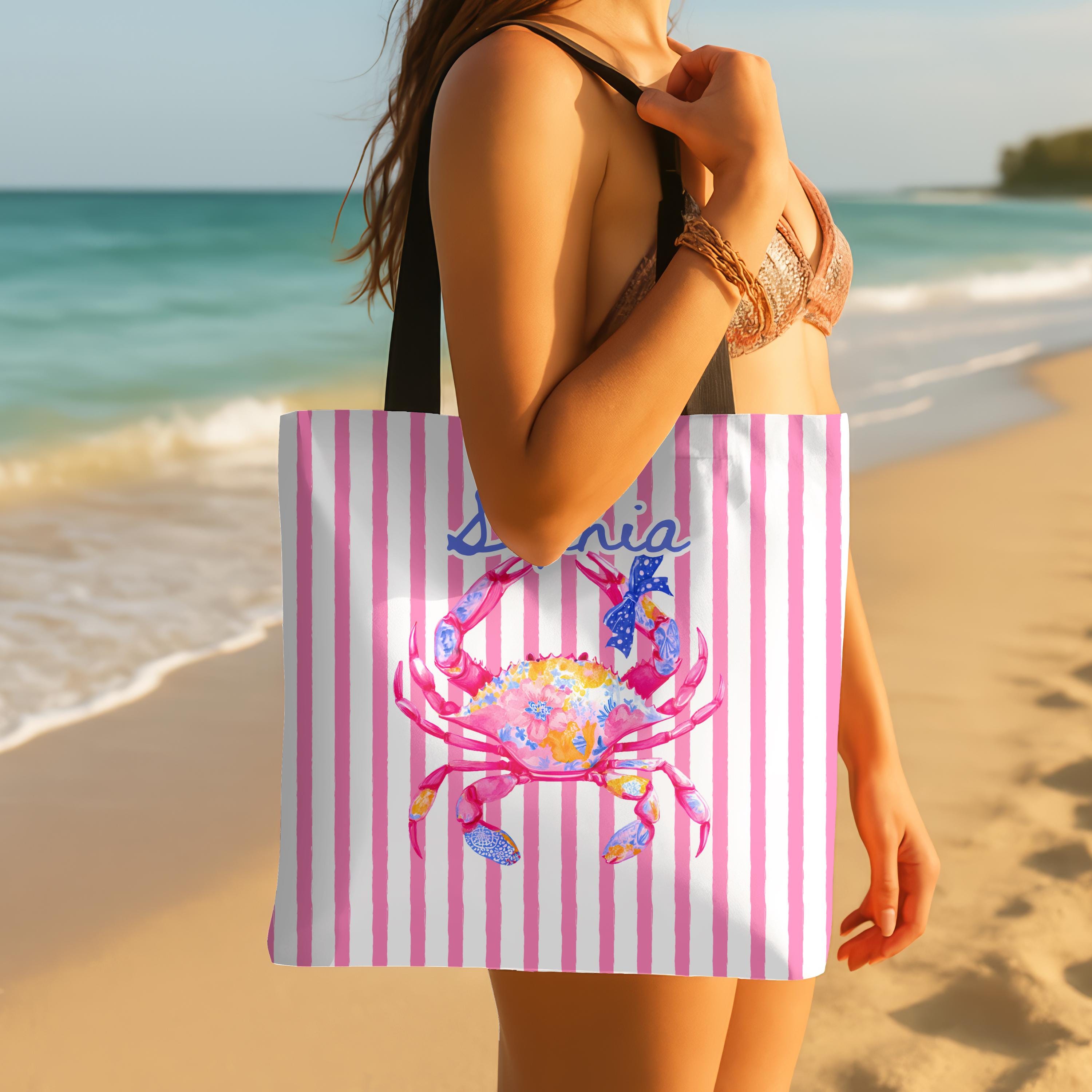 Personalized Preppy Crab Tote Bag Pink Striped Summer