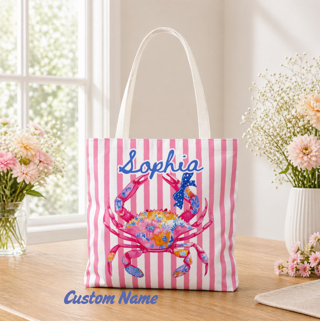 Personalized Preppy Crab Tote Bag Pink Striped Summer