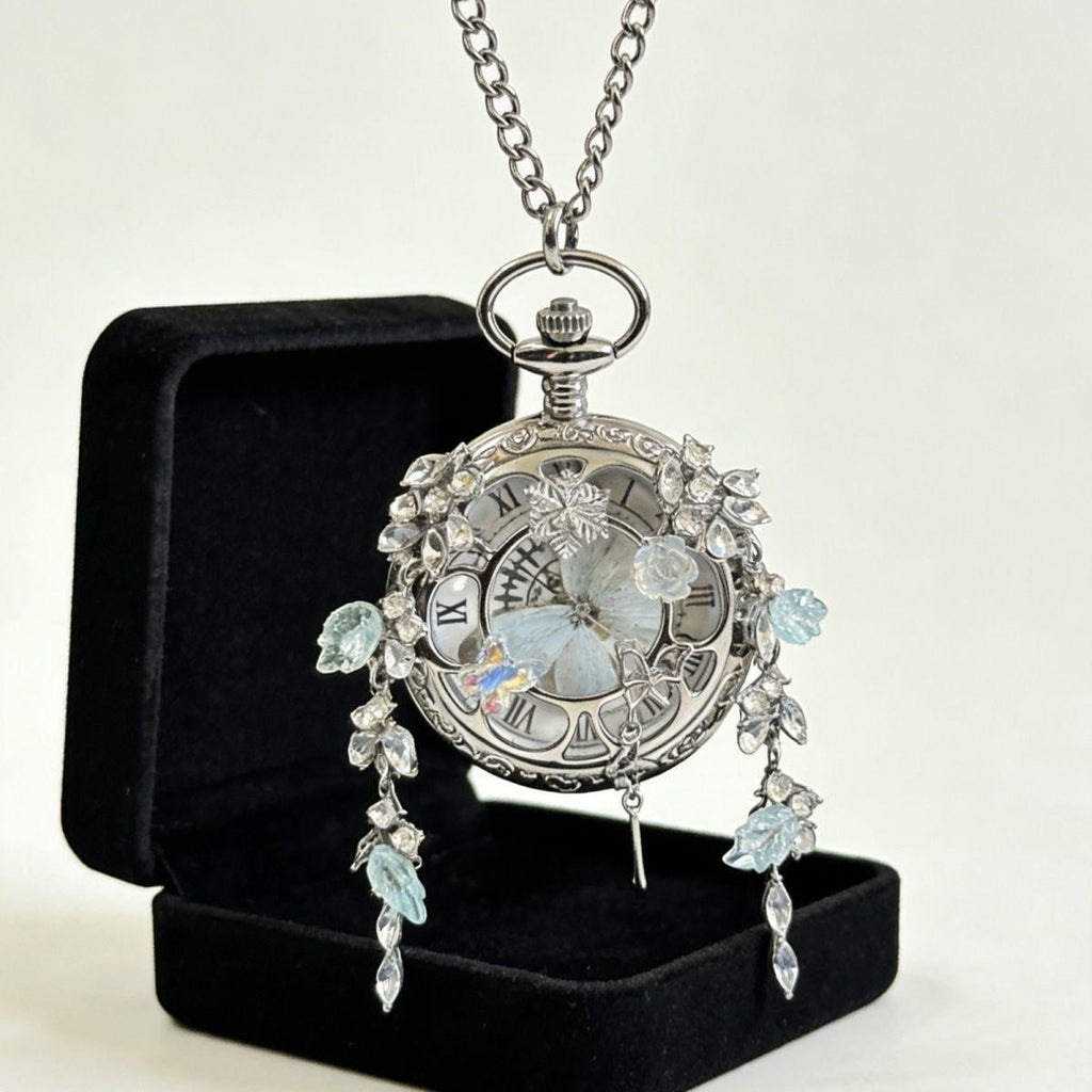 Oryeia Real White Morpho Butterfly Wing Pocket Watch Necklace
