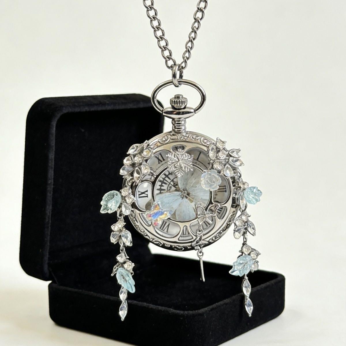 Oryeia Real White Morpho Butterfly Wing Pocket Watch Necklace