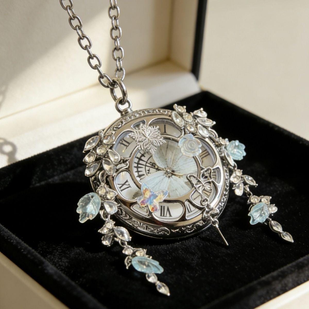 Oryeia Real White Morpho Butterfly Wing Pocket Watch Necklace