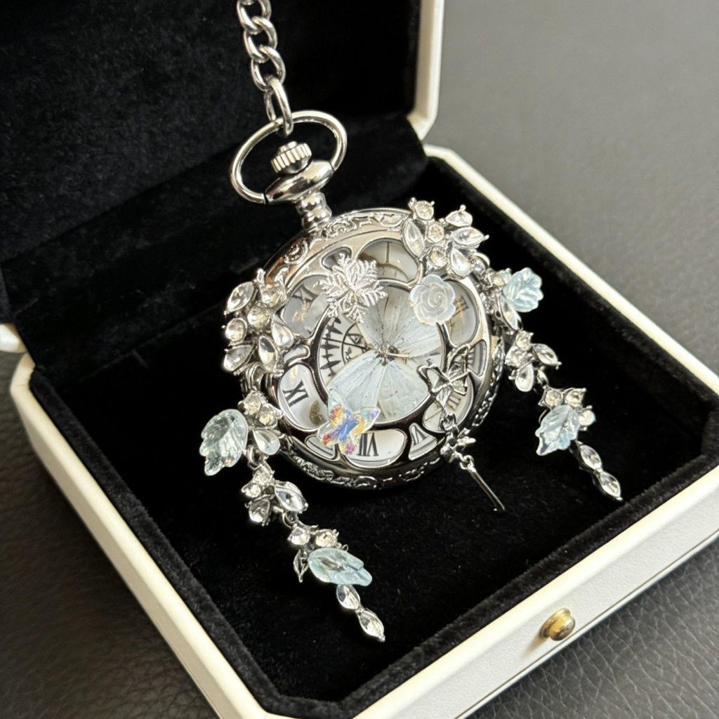 Oryeia Real White Morpho Butterfly Wing Pocket Watch Necklace
