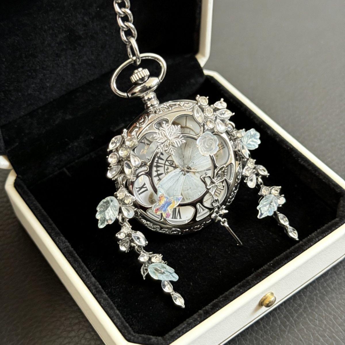 Oryeia Real White Morpho Butterfly Wing Pocket Watch Necklace