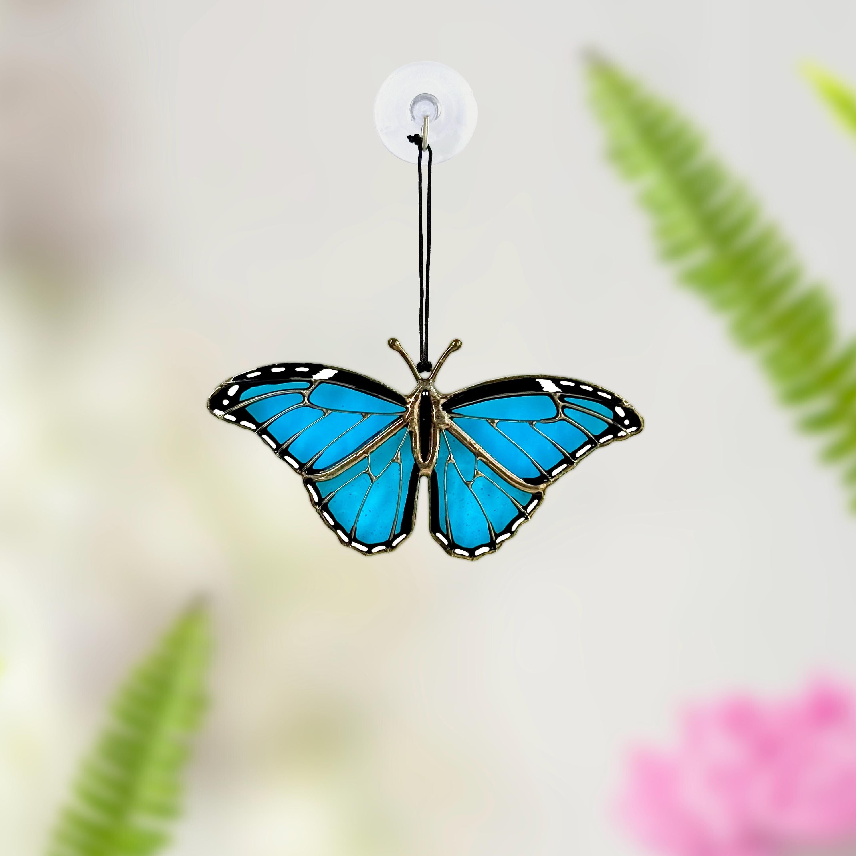 SunStainedGlassUA Mini Blue Morpho Stained Glass Suncatcher