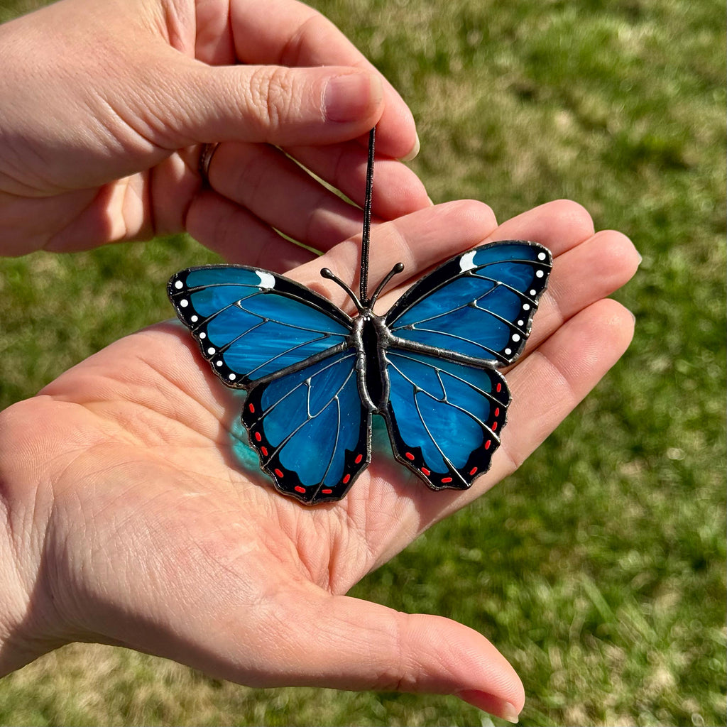 SunStainedGlassUA Mini Peleides Blue Morpho Handmade Stained Glass Suncatcher