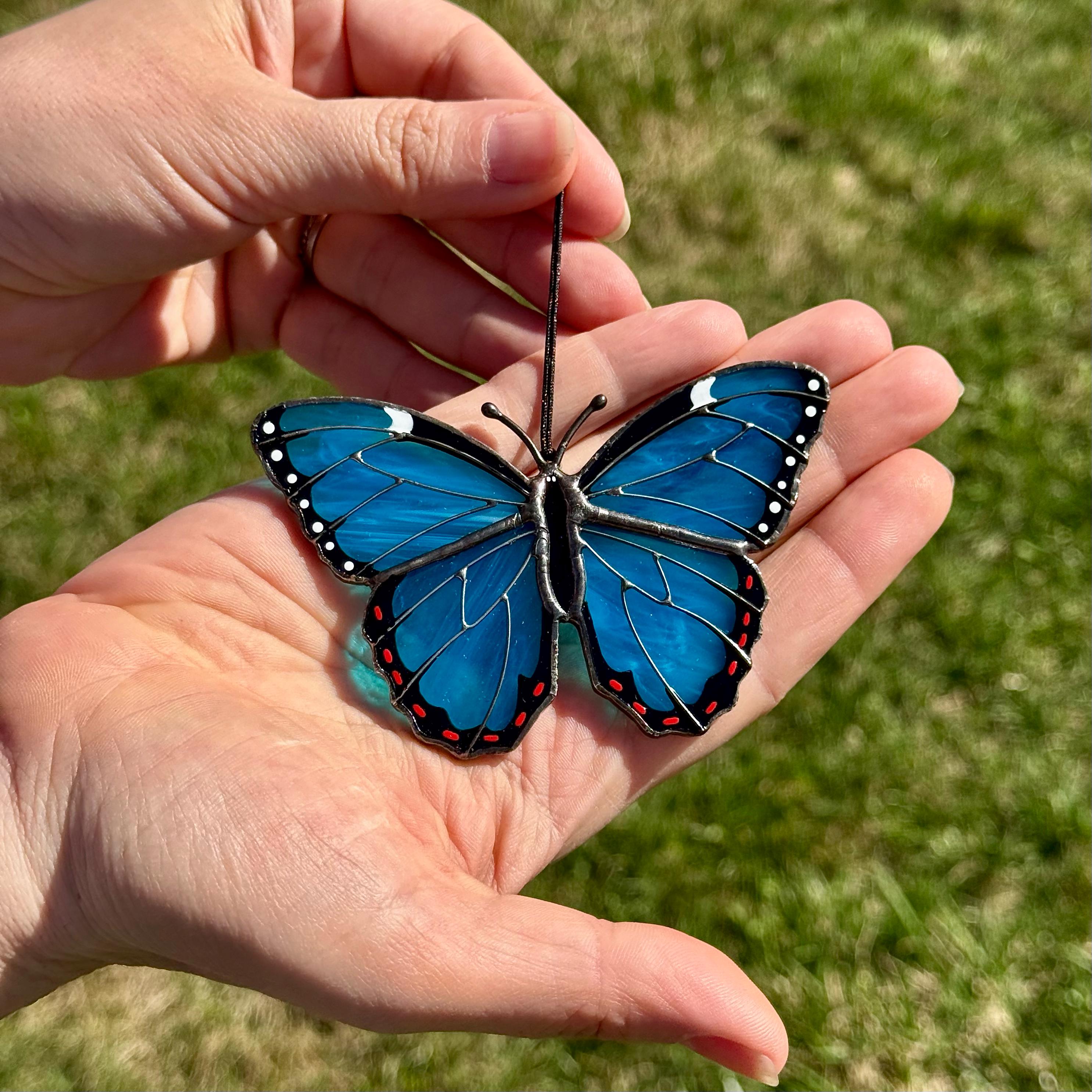 SunStainedGlassUA Mini Peleides Blue Morpho Handmade Stained Glass Suncatcher
