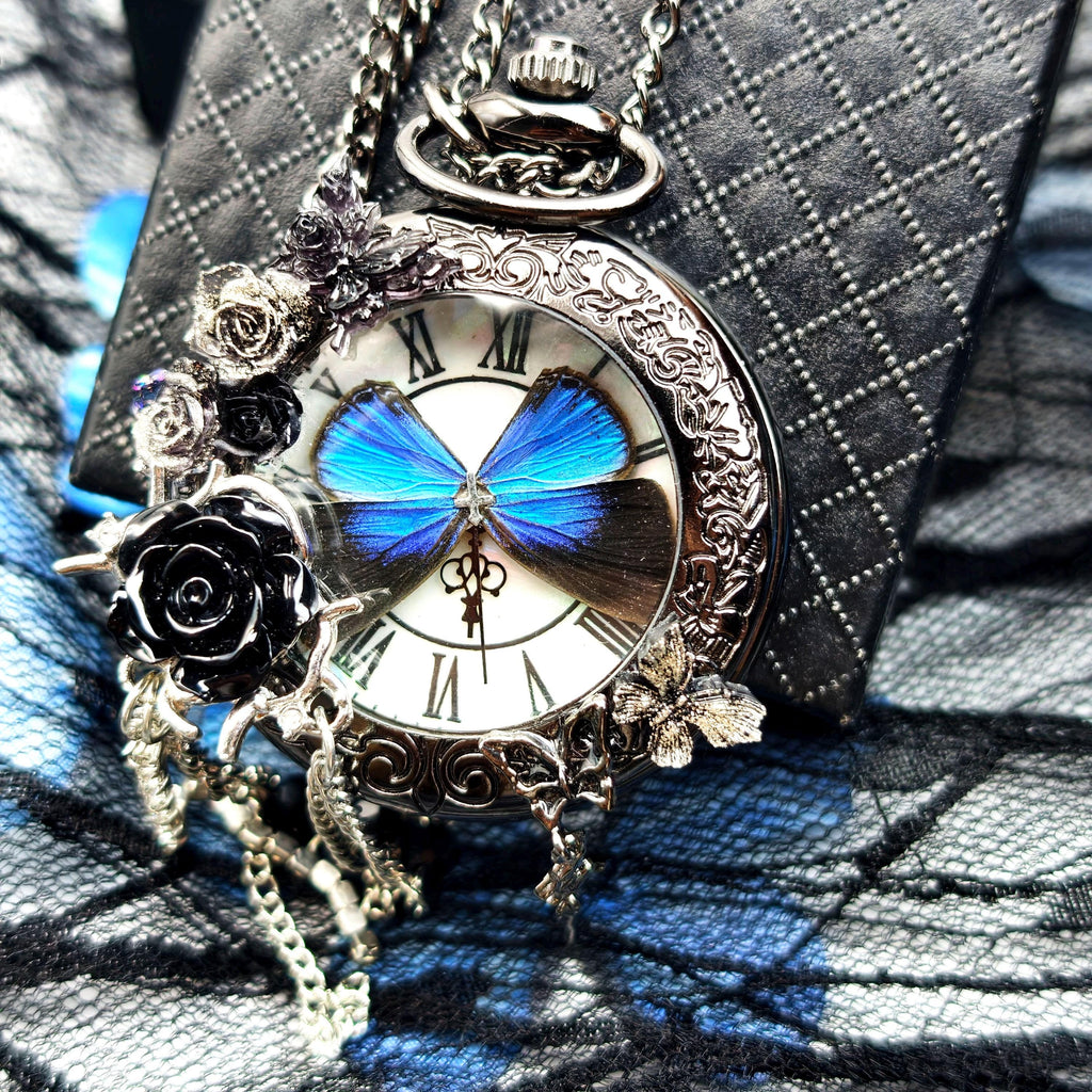 Oryeia Handmade Gothic Pocket Watch Real Blue Morpho Butterfly Jewelry Black Rose Pendant