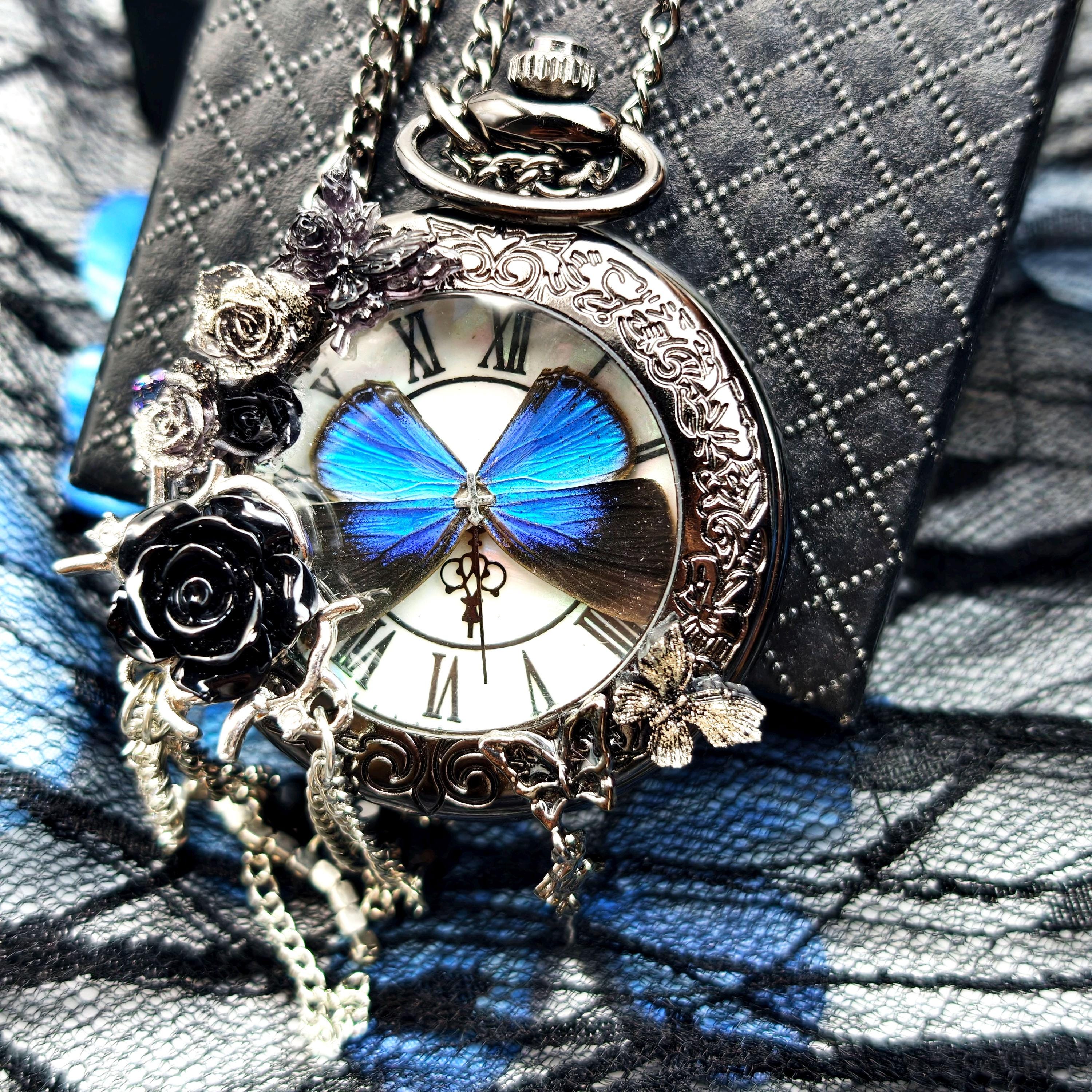 Oryeia Handmade Gothic Pocket Watch Real Blue Morpho Butterfly Jewelry Black Rose Pendant
