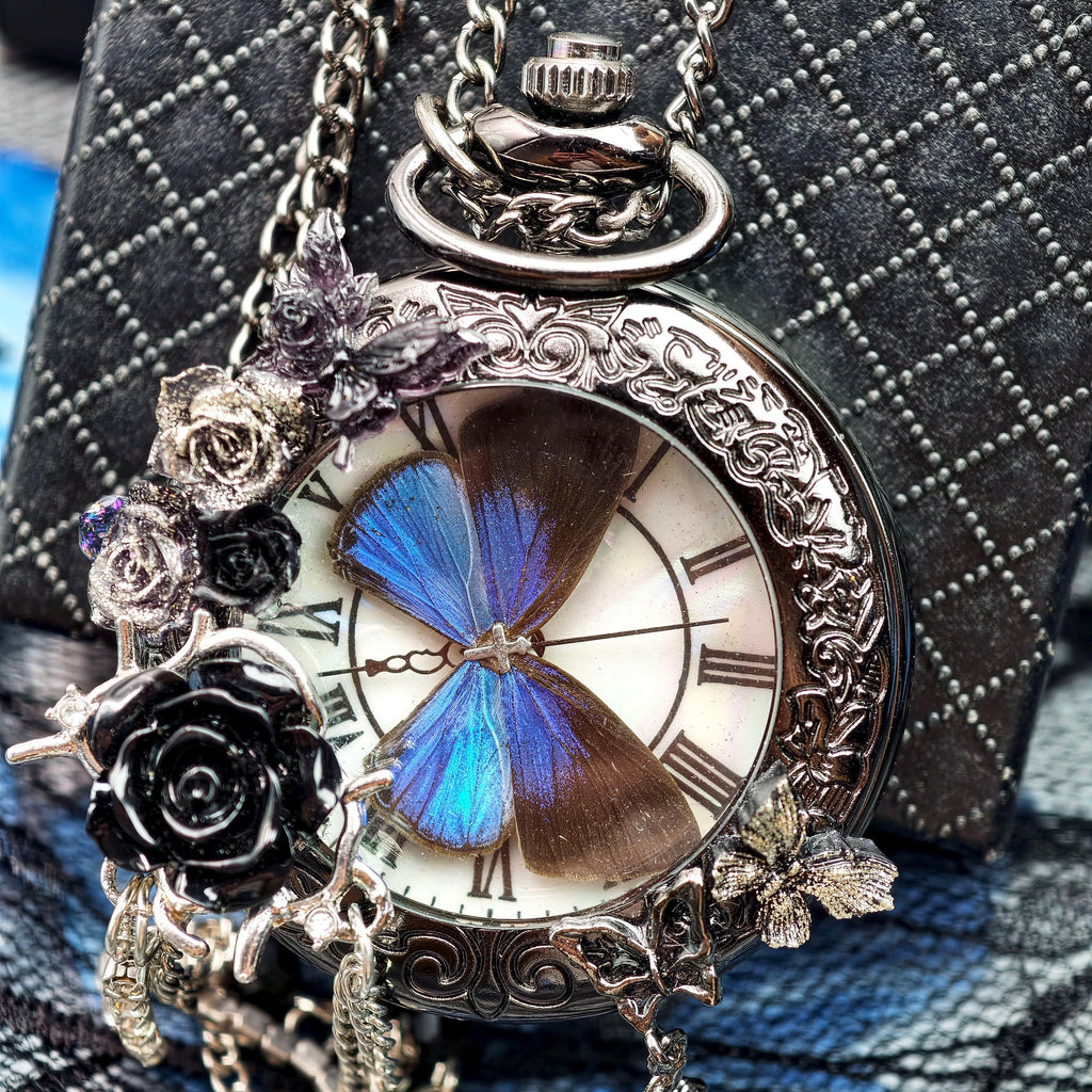 Oryeia Handmade Gothic Pocket Watch Real Blue Morpho Butterfly Jewelry Black Rose Pendant
