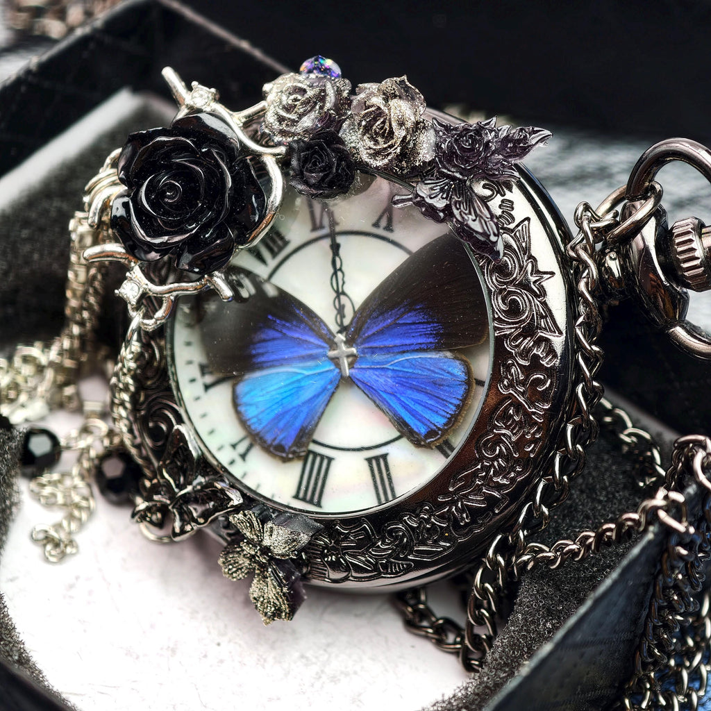 Oryeia Handmade Gothic Pocket Watch Real Blue Morpho Butterfly Jewelry Black Rose Pendant