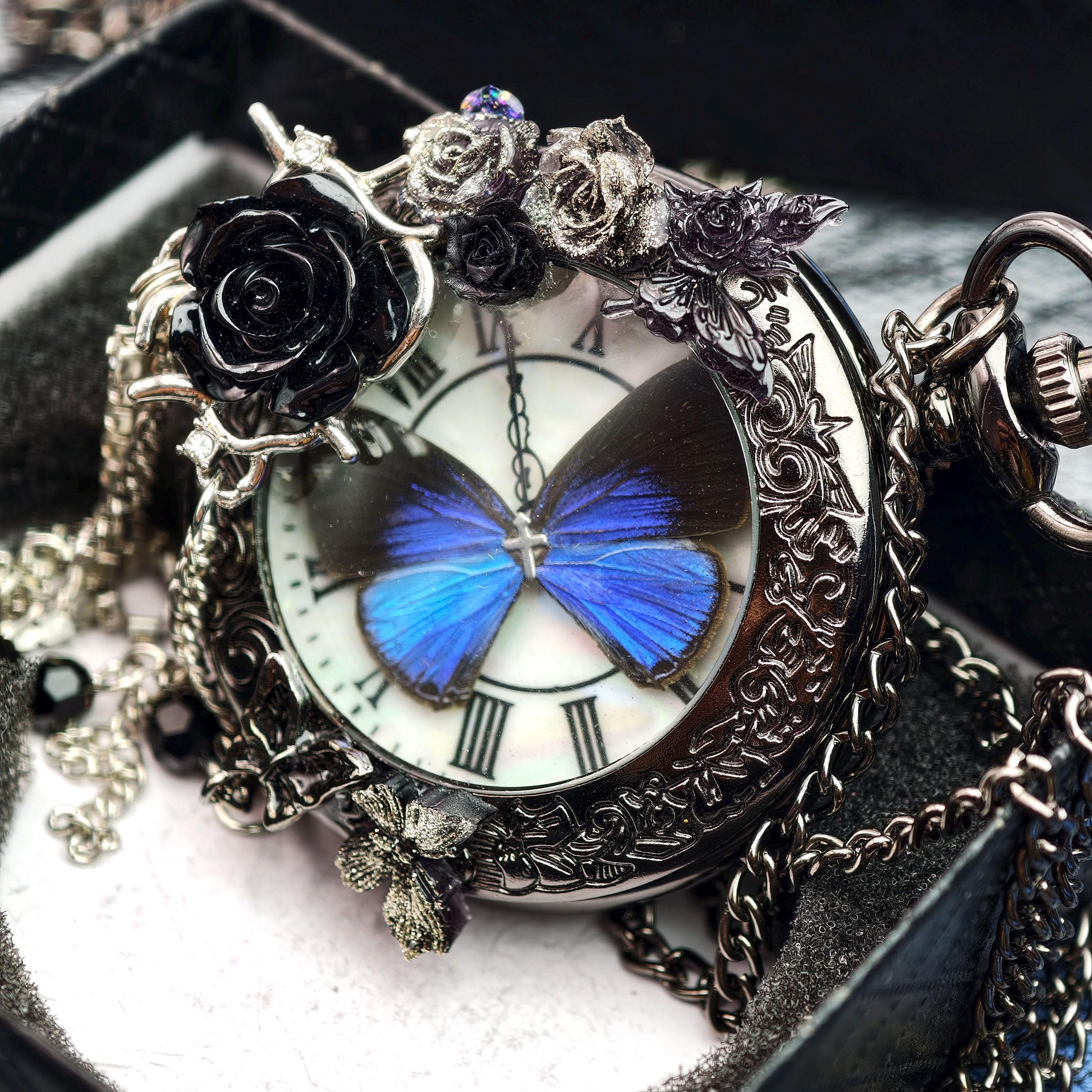 Oryeia Handmade Gothic Pocket Watch Real Blue Morpho Butterfly Jewelry Black Rose Pendant