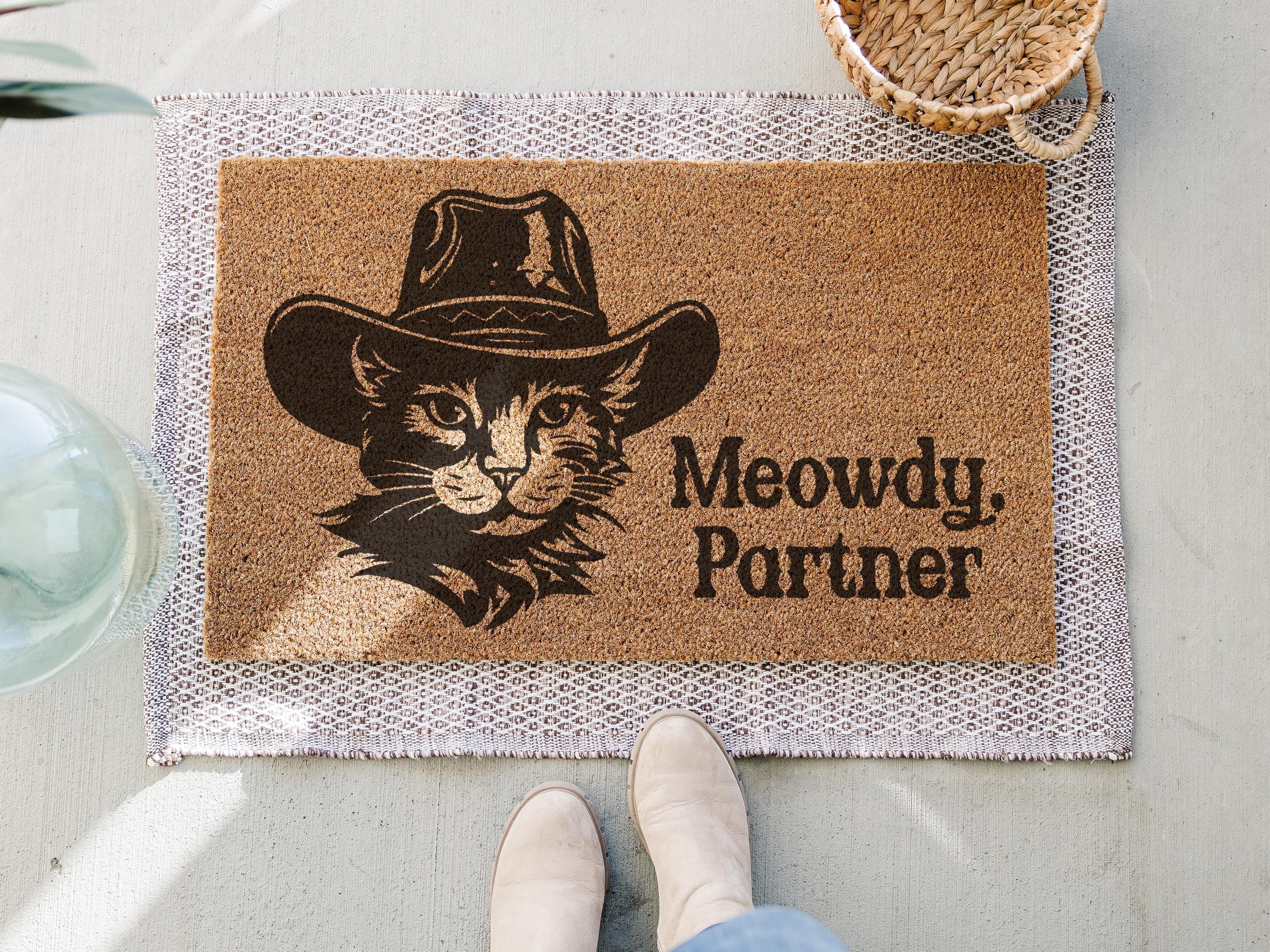 Meowdy Partner Doormat: Funny Cowboy Cat Welcome Mat