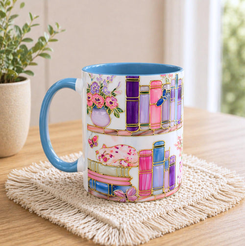 Floral Bookshelf Cat Mug, Stained Glass Effect Coffee Cup, Book Lover Gift