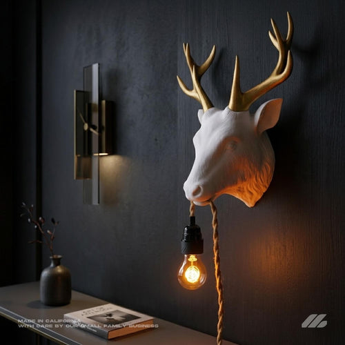 April16studio Deer Wall Lamp Handcrafted Wall Sconce Golden Antlers 12in