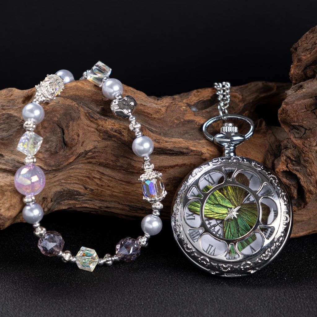 Oryeia Handmade Green Butterfly Specimen Pocket Watch Set With Bracelet