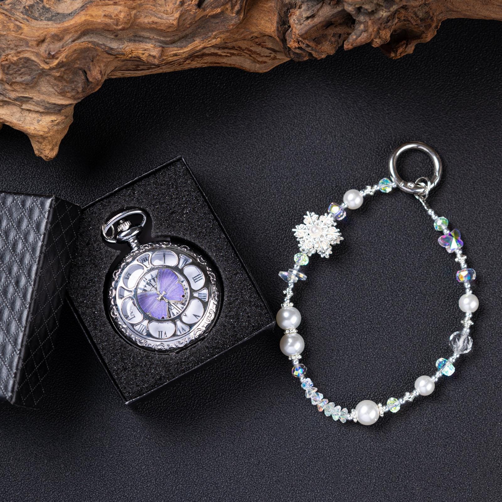 Oryeia Handcrafted Real Purple Butterfly Pocket Watch Set