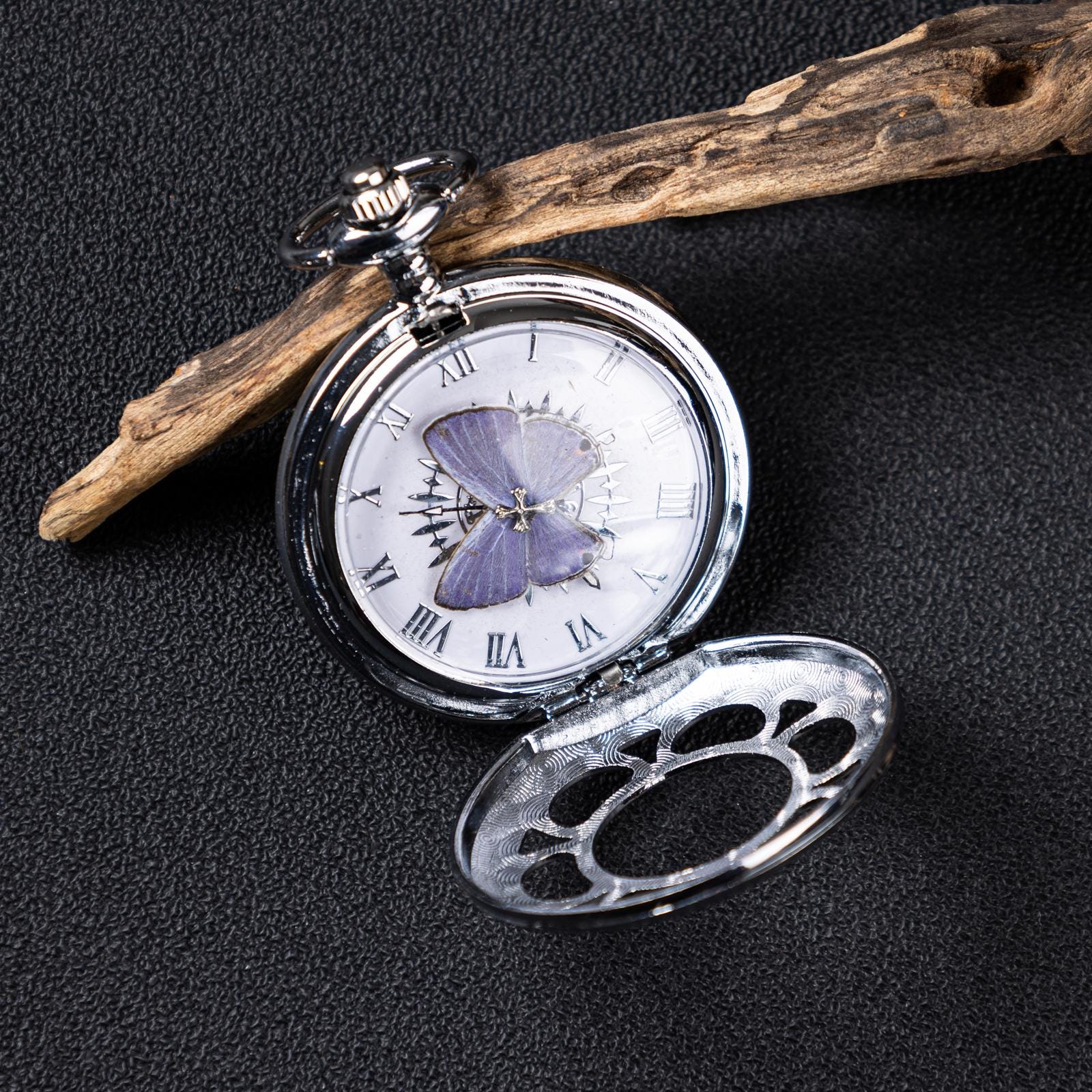 Oryeia Handcrafted Real Purple Butterfly Pocket Watch Set