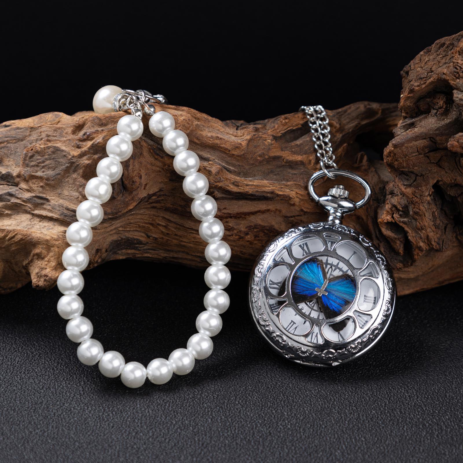 Oryeia Handmade Blue Morpho Butterfly Pocket Watch & Pearl Bracelet Set