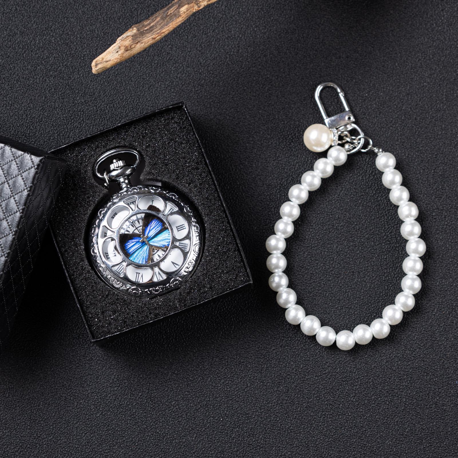 Oryeia Handmade Blue Morpho Butterfly Pocket Watch & Pearl Bracelet Set