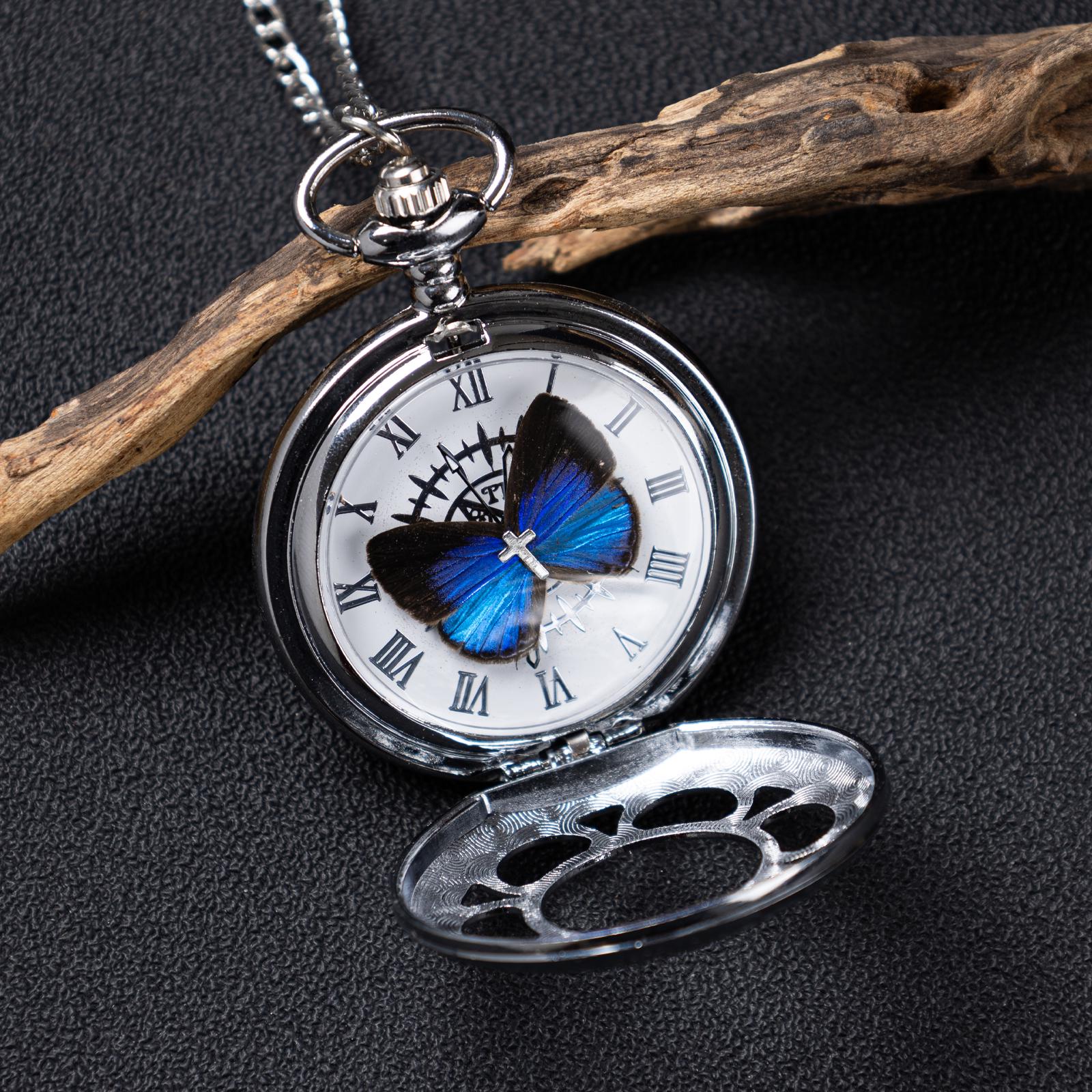 Oryeia Handmade Blue Morpho Butterfly Pocket Watch & Pearl Bracelet Set