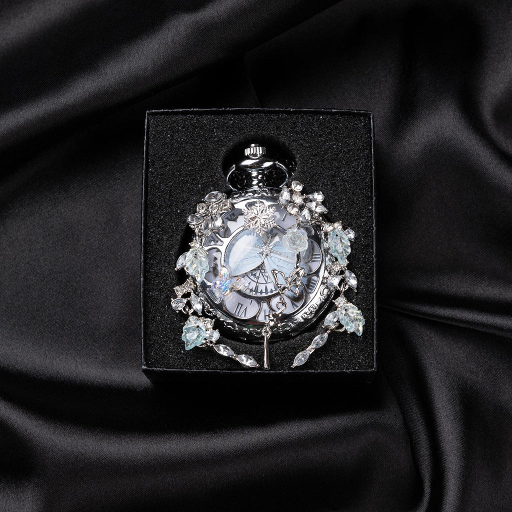 Oryeia Real White Butterfly Wing Pocket Watch Necklace with Crystal Tassels