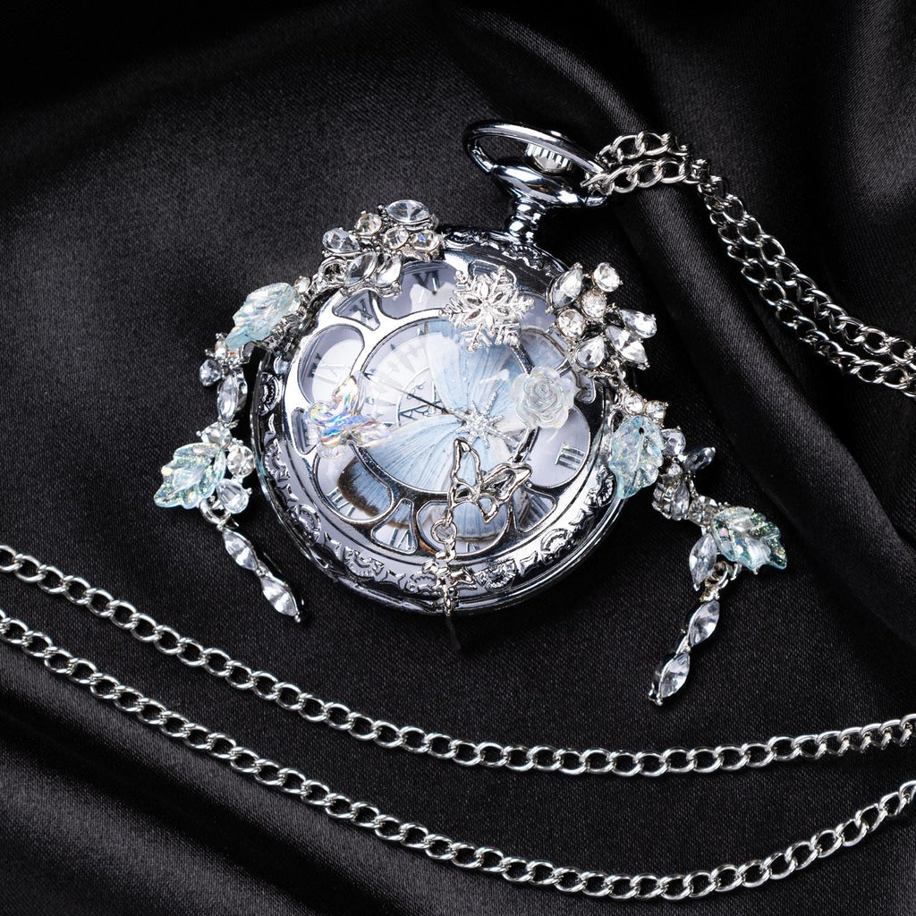 Oryeia Real White Butterfly Wing Pocket Watch Necklace with Crystal Tassels