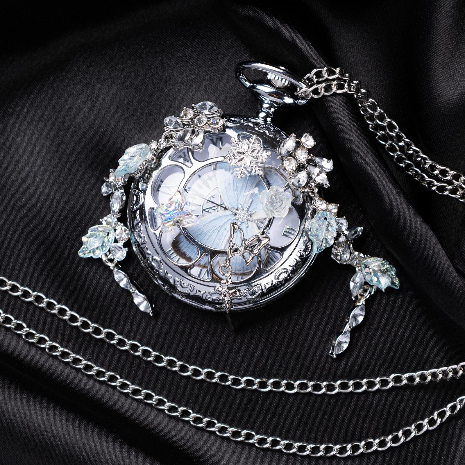 Oryeia Real White Butterfly Wing Pocket Watch Necklace with Crystal Tassels