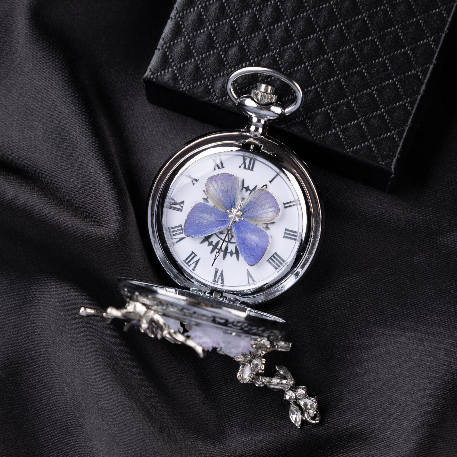 Oryeia Handmade Purple Butterfly Specimen Pocket Watch Necklace