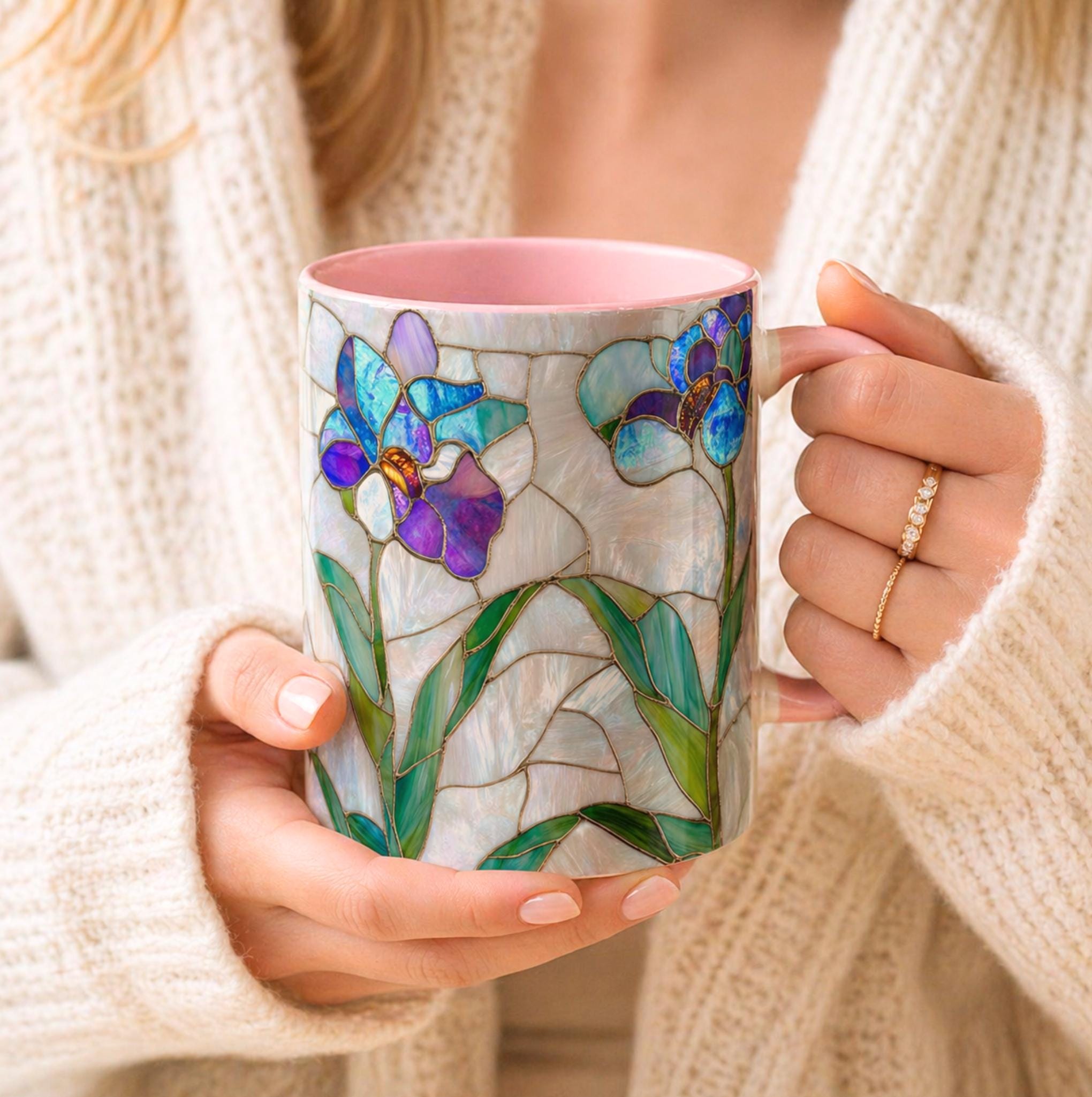 Orchid Stained Glass Style Mug Floral Coffee Cup Botanical Tea 11oz 15oz