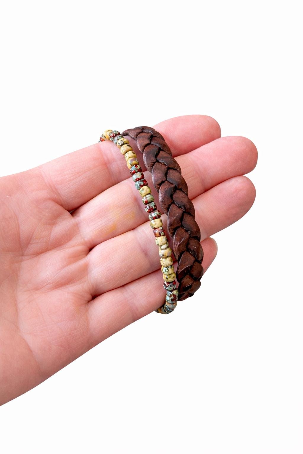 BohoWrapFrancesca Braided Leather and Beaded Bracelet Set with Magnetic Clasp