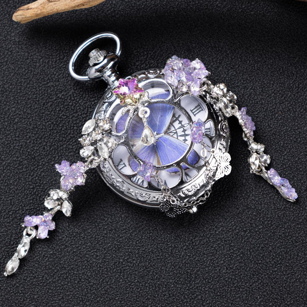 Oryeia Purple Butterfly Preserved Wing Pocket Watch Necklace Silver Crystal