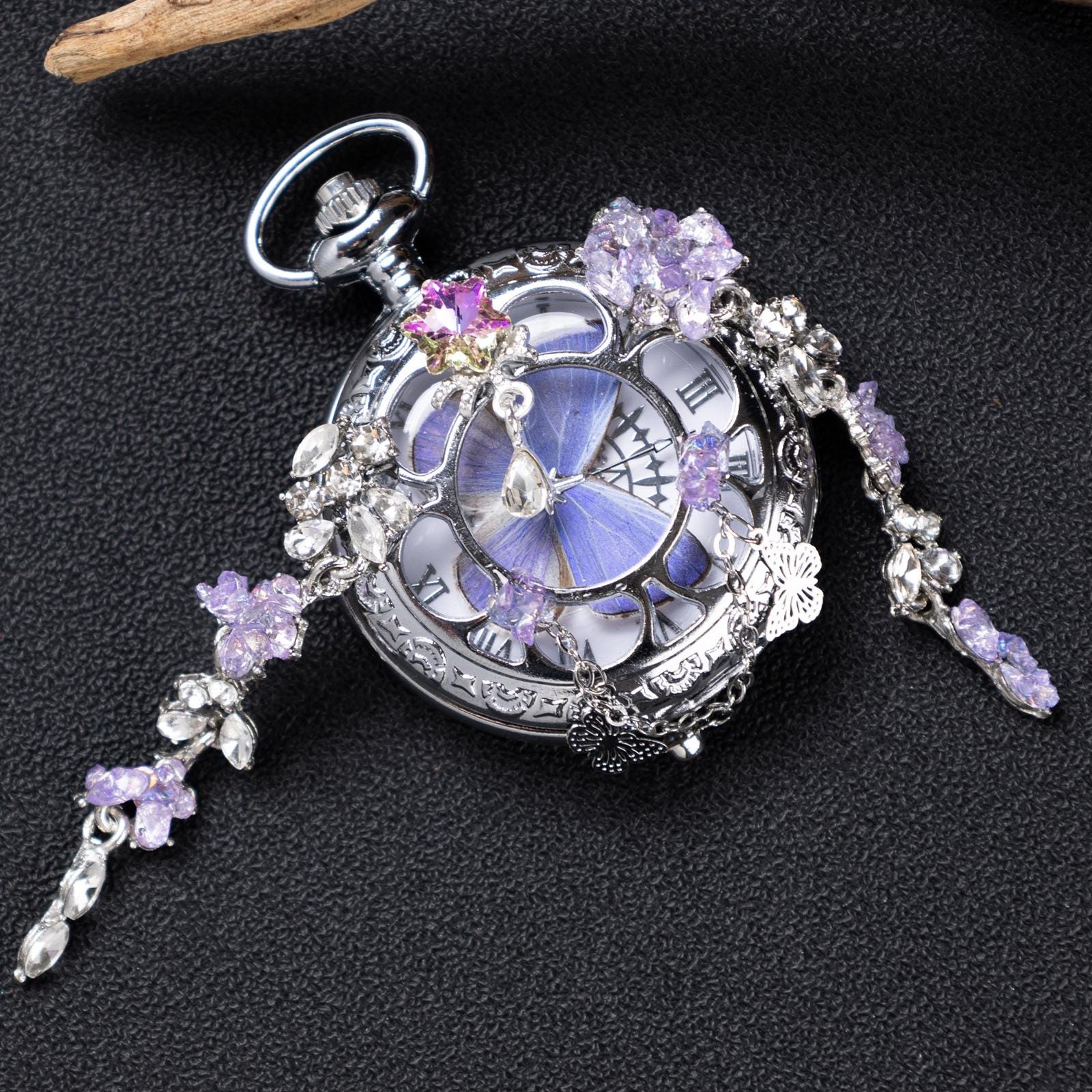Oryeia Purple Butterfly Preserved Wing Pocket Watch Necklace Silver Crystal