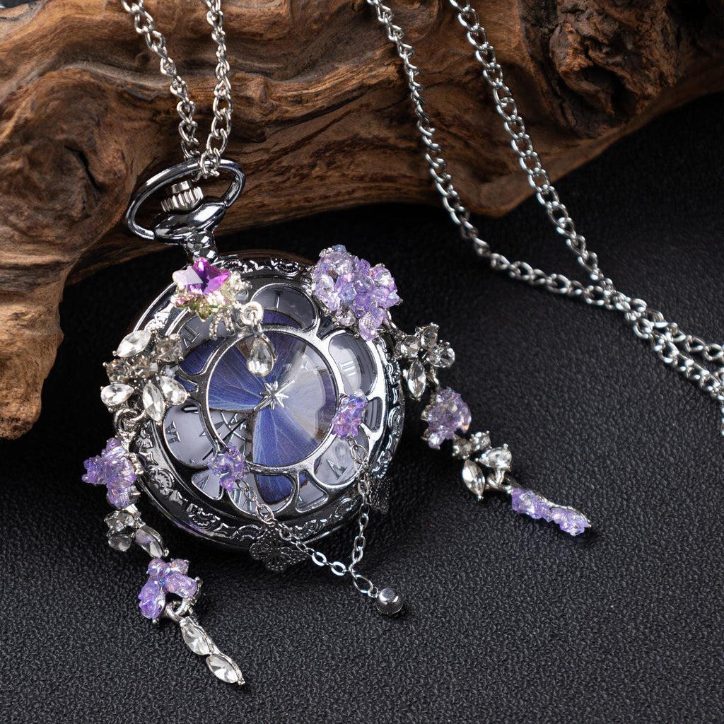 Oryeia Purple Butterfly Preserved Wing Pocket Watch Necklace Silver Crystal