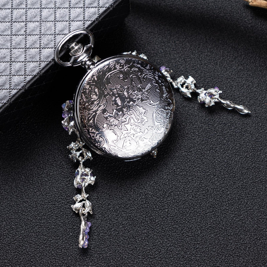 Oryeia Purple Butterfly Preserved Wing Pocket Watch Necklace Silver Crystal