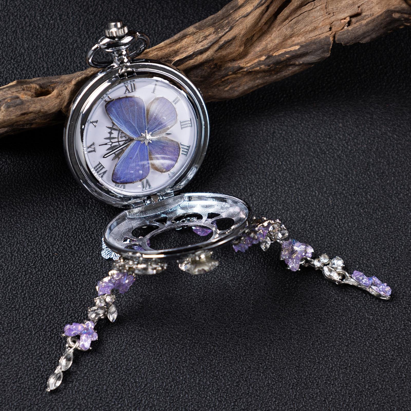 Oryeia Purple Butterfly Preserved Wing Pocket Watch Necklace Silver Crystal