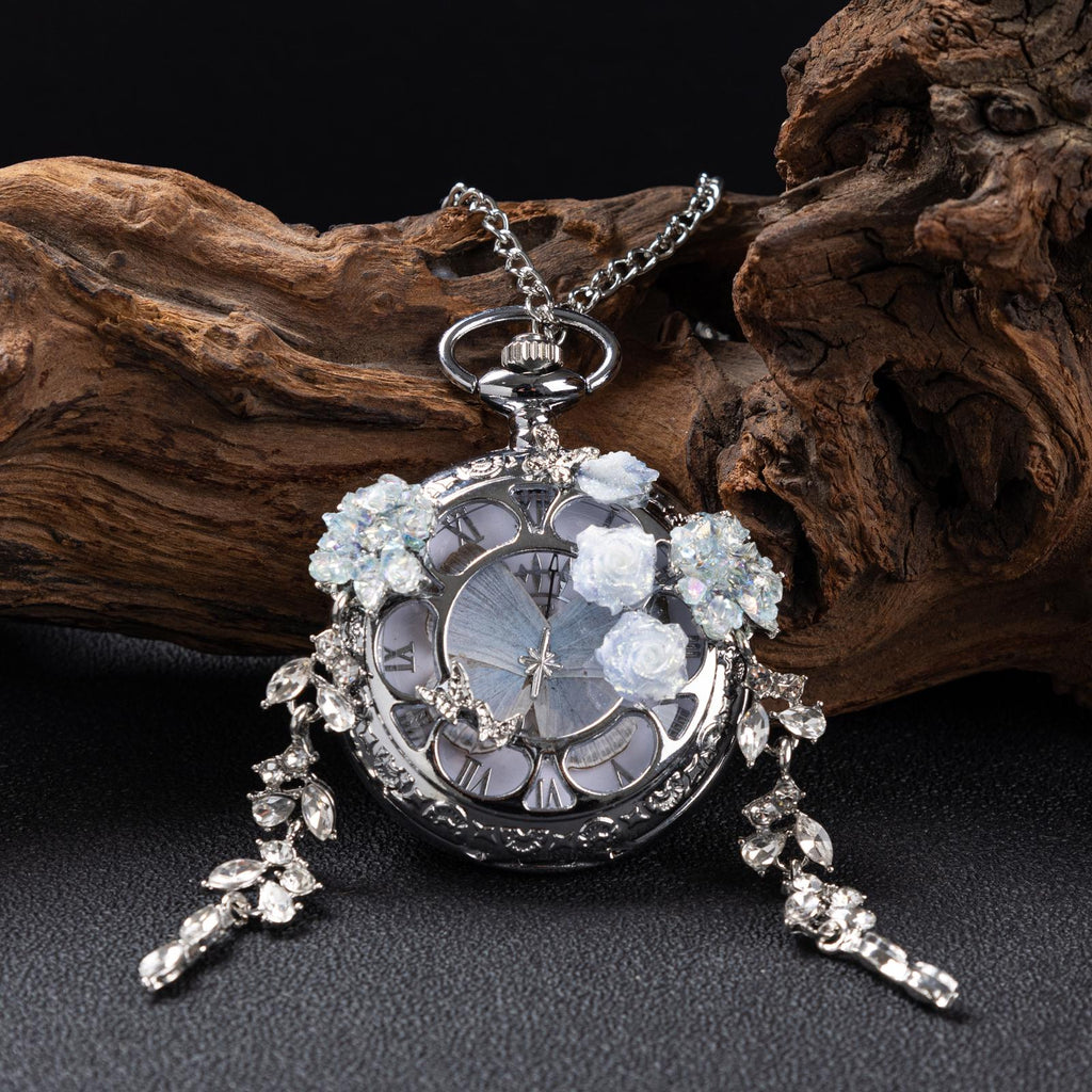 Oryeia Custom Real Butterfly Pocket Watch Necklace White